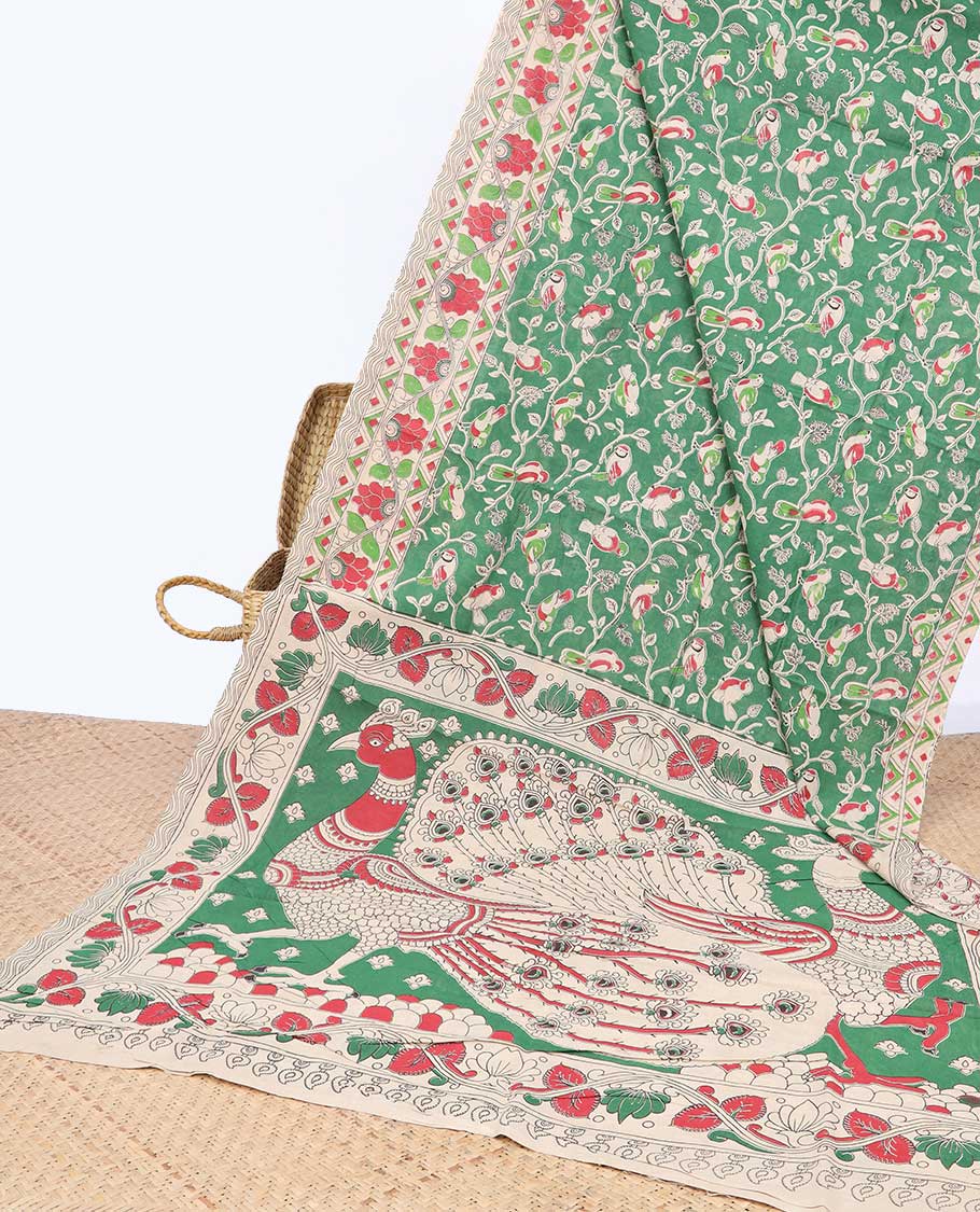 Pothys Green floral & bird machine-printed kalamkari cotton saree, contrast floral & chevron border & peacock pallu