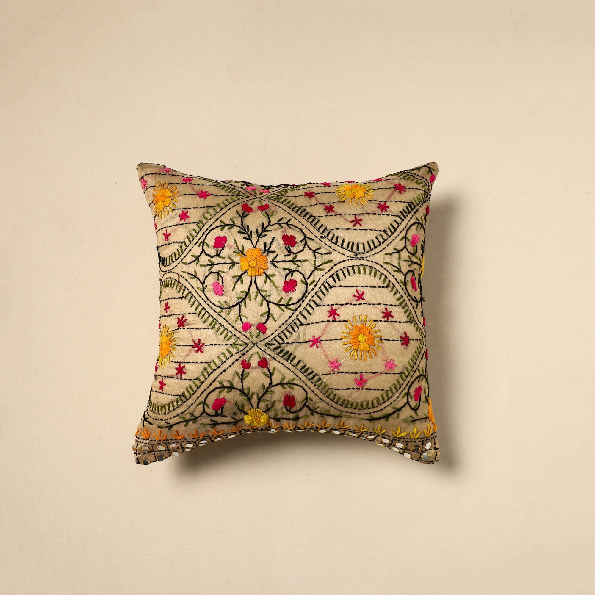 JALPARI Beige - Silk Cotton Phulkari Embroidered Cushion Cover 07