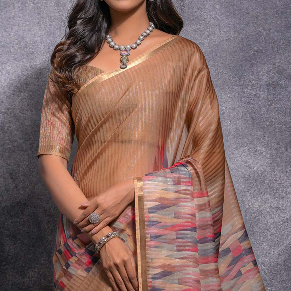 Peachmode Chikoo Digital Printed Linen Saree With Woven Border - view 3
