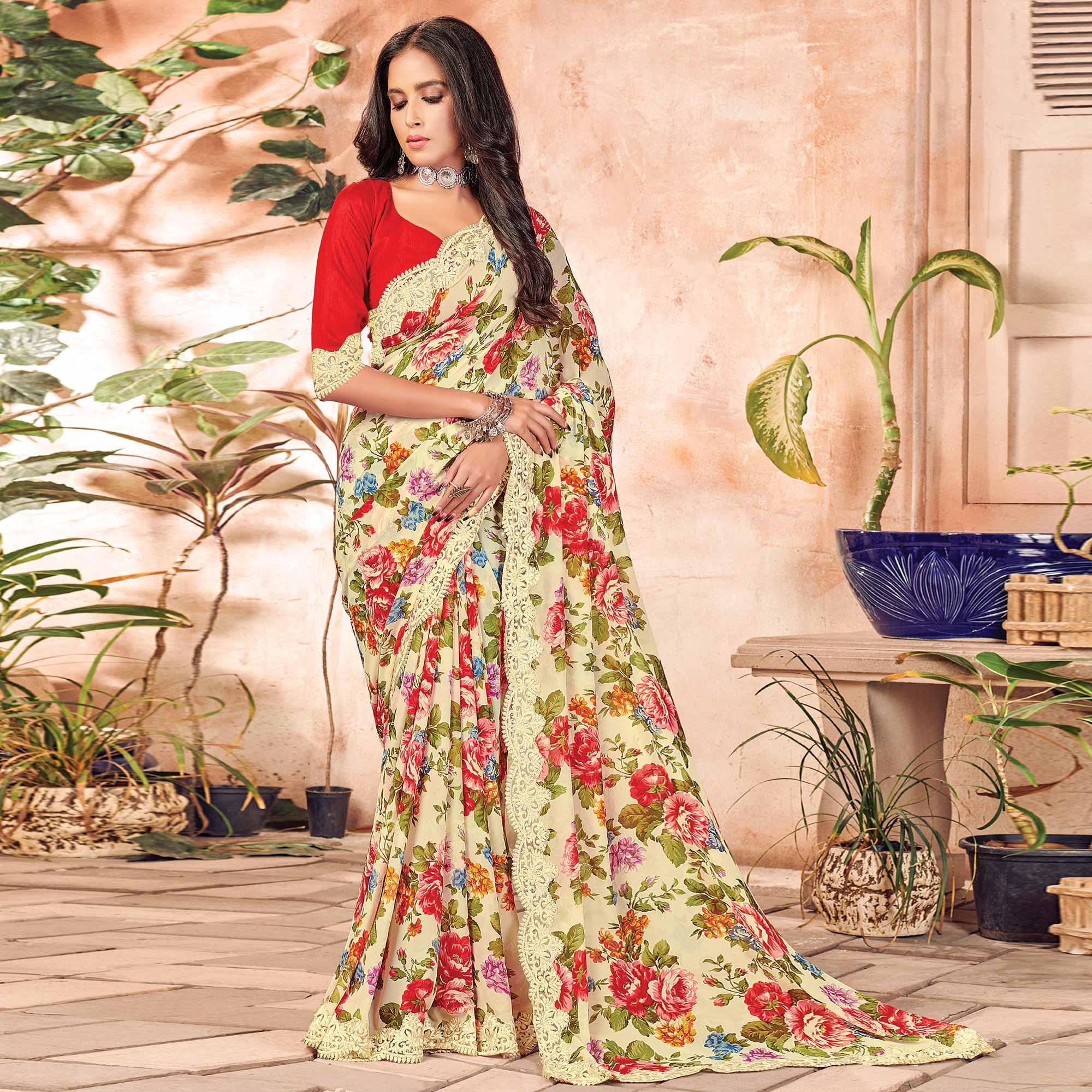 Peachmode Light Yellow Partywear Floral Printed Georgette Saree Designer Lace