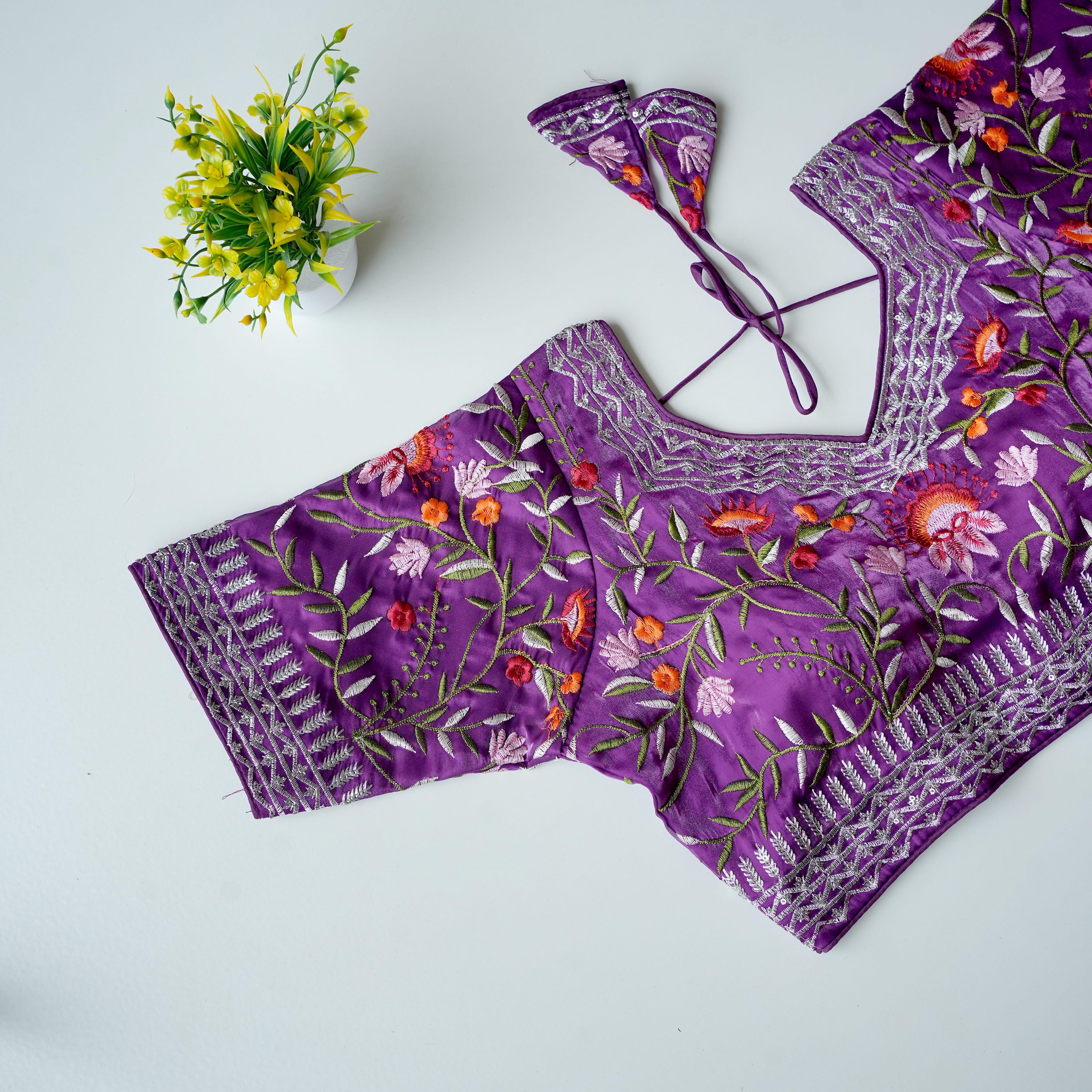 ClothsVilla Purple Multi-Color Embroidered Jimmy Choo Silk Blouse