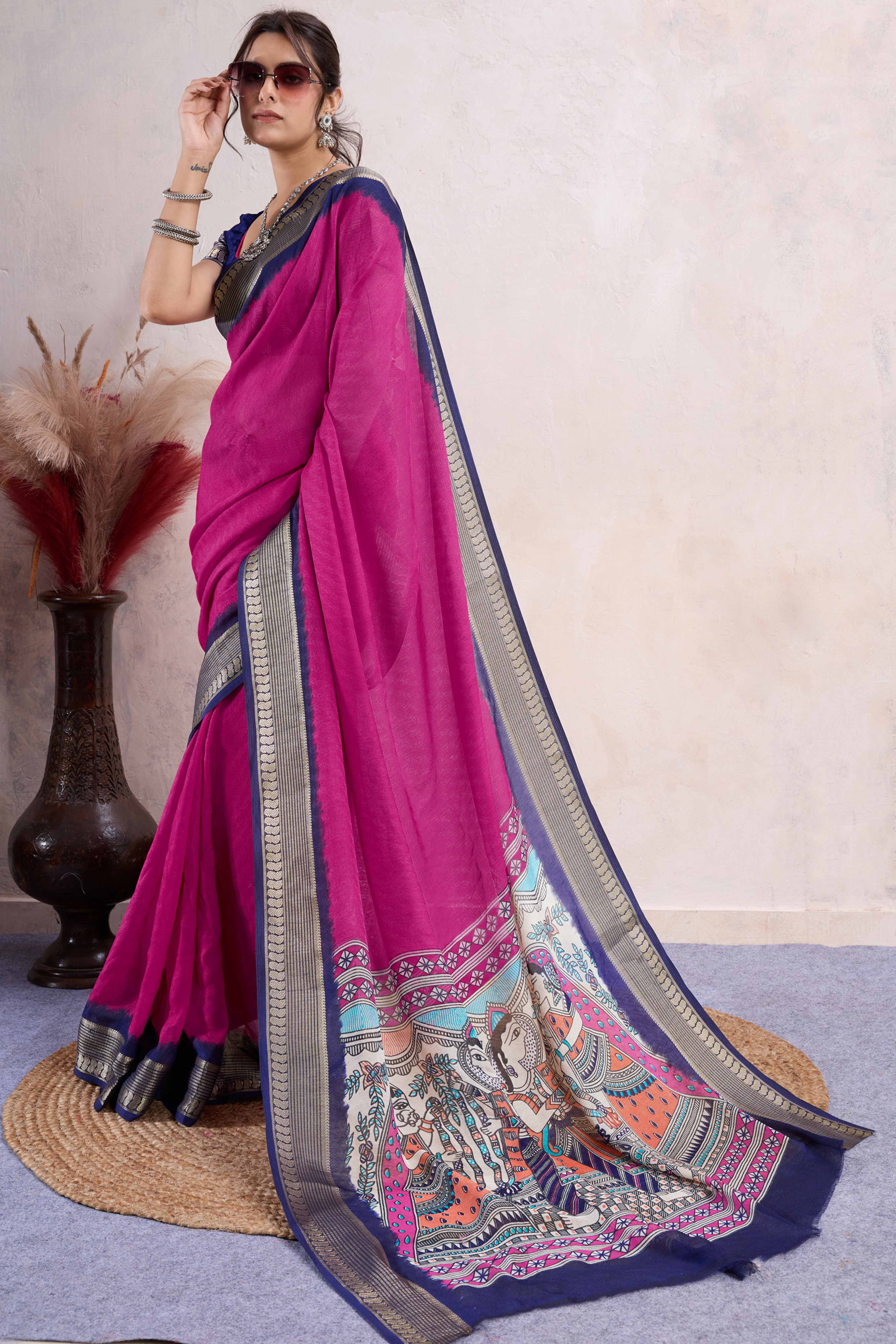 Peachmode Magenta Printed Cotton Silk Saree With Jacquard Border