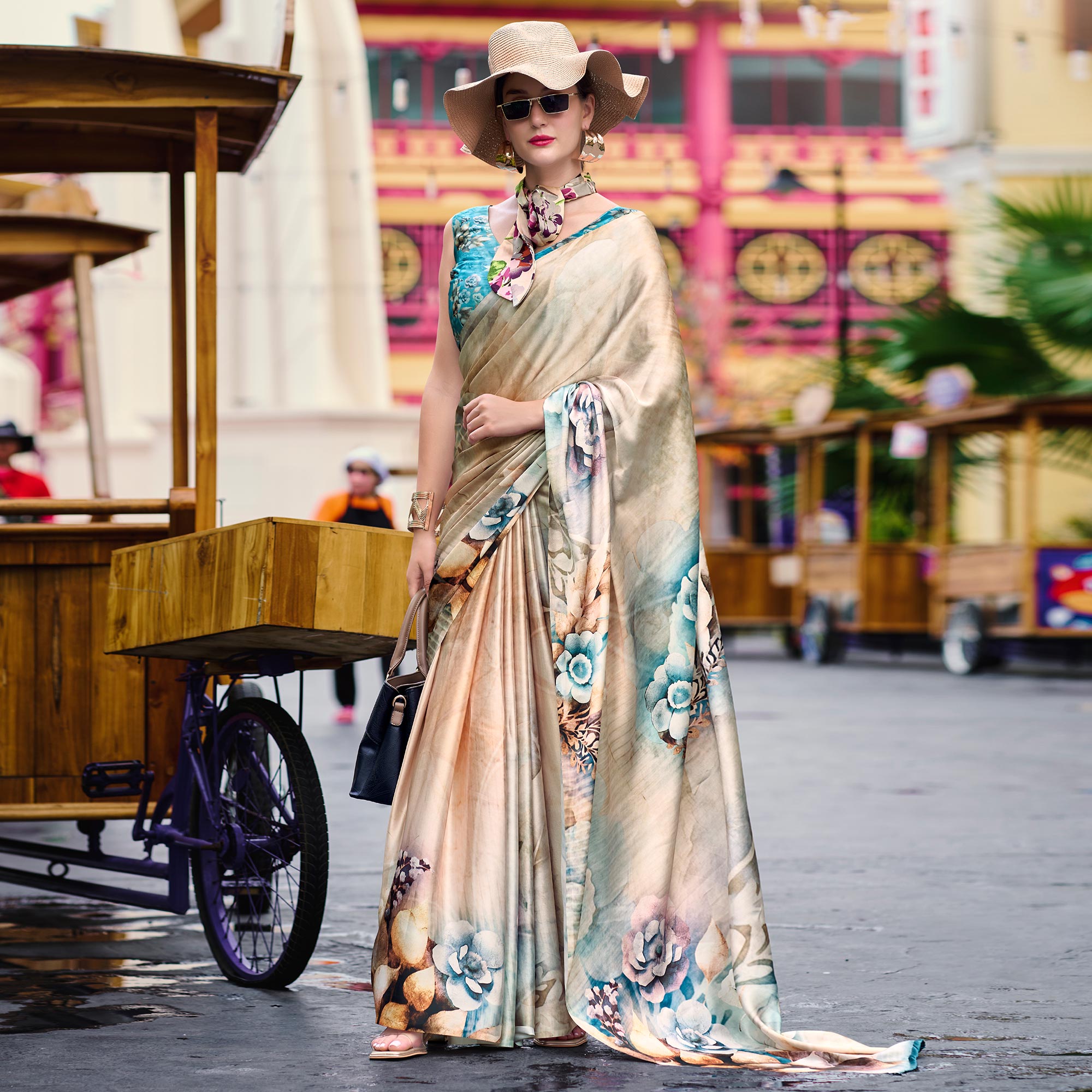 Peachmode Cream Floral Digital Printed Pure Satin Saree - view 2