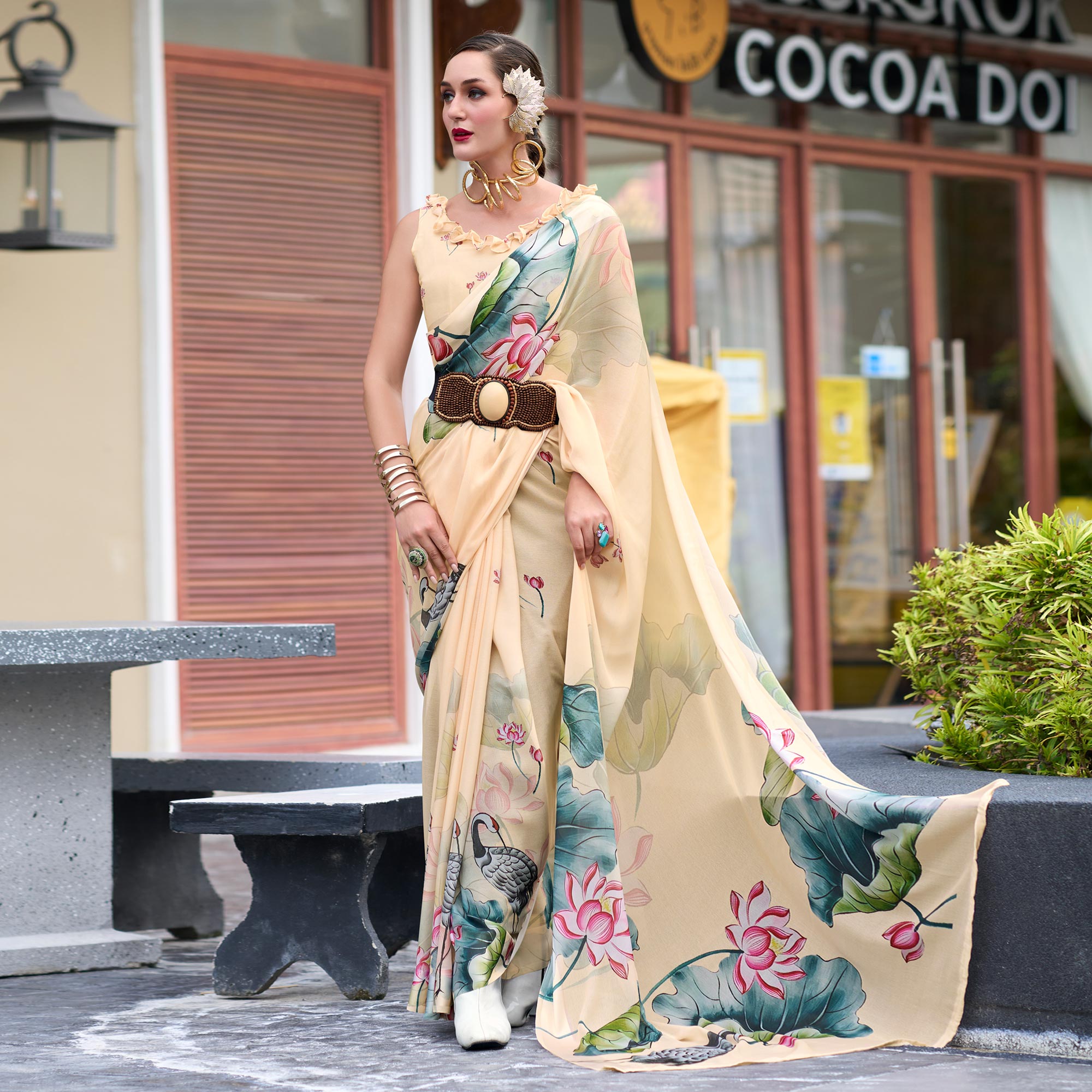 Peachmode Cream Floral Printed Georgette Saree - view 2