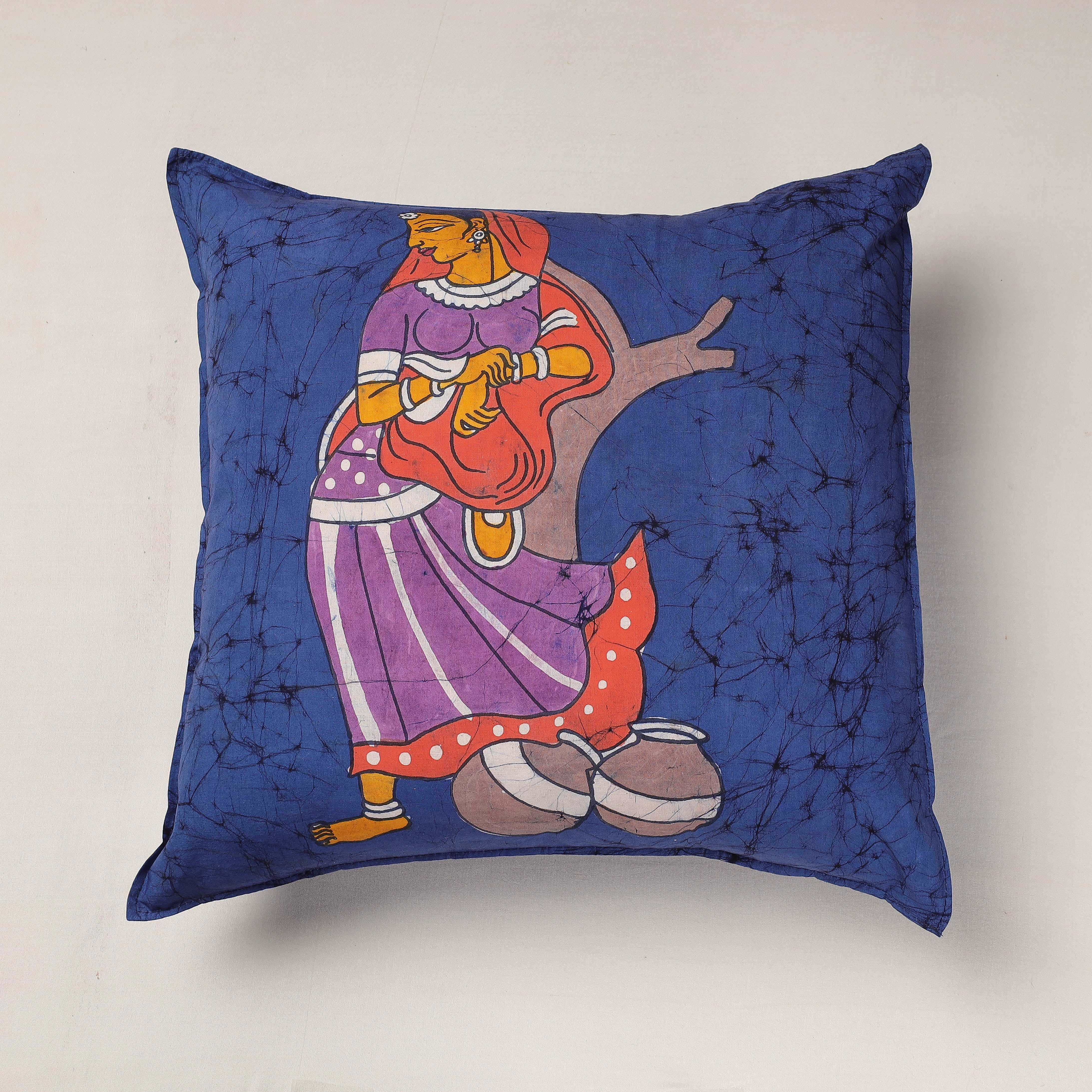 KACHCHH JI CHHAAP Blue - Hand Batik Printed Cotton Cushion Cover (18 x 18 in)
