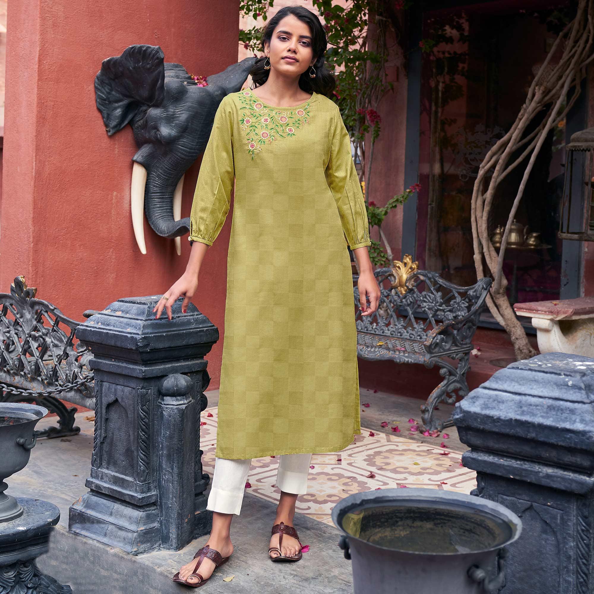 Peachmode Eye-catching Green Colored Casual Wear Embroidered Pure Cotton Kurti