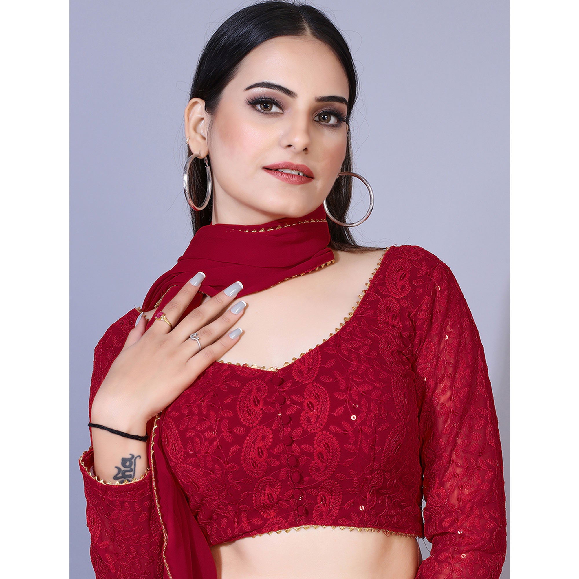 Peachmode Seller Dark Red Lucknowi Chikankari Work Georgette Lehenga Choli - view 6