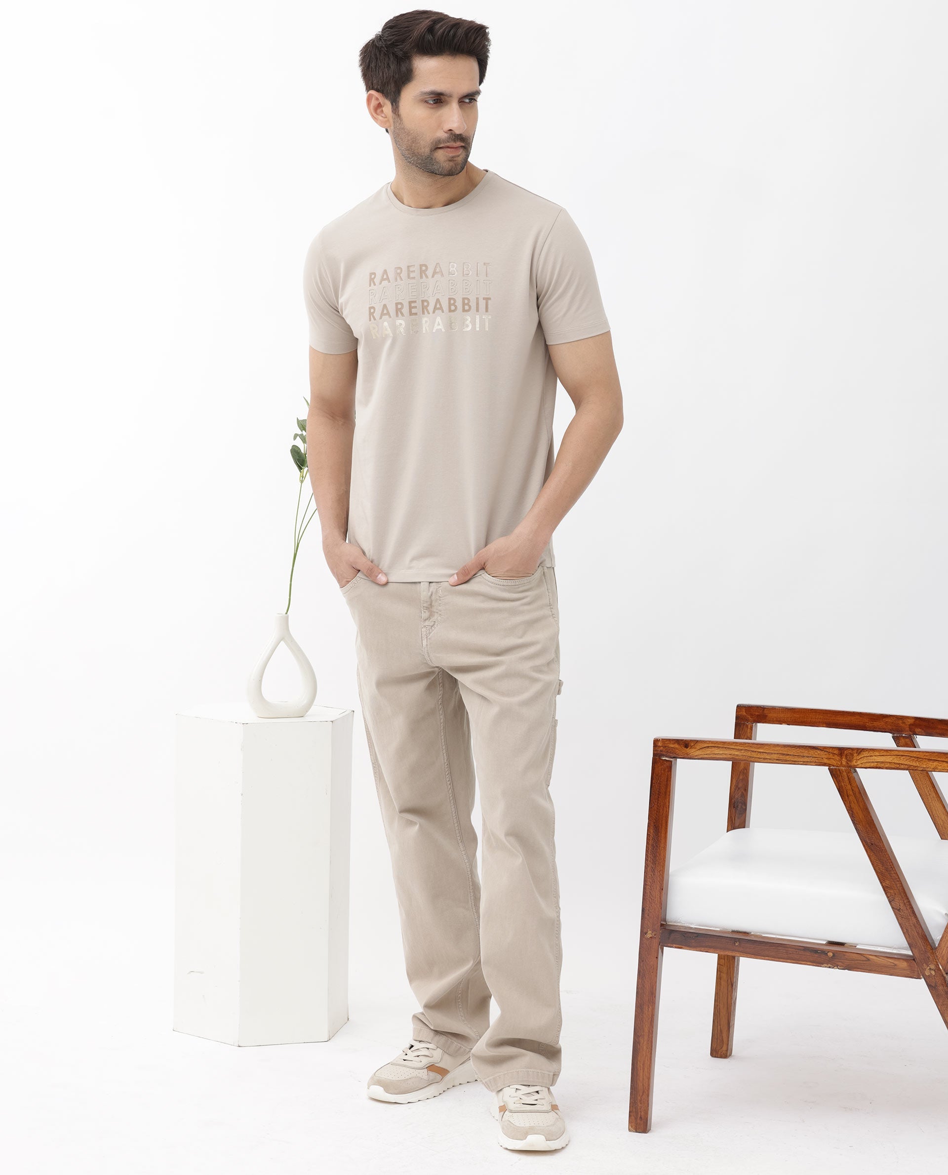 Rare Rabbit Men's Callum Beige Cotton Lycra Fabric Half Sleeves Graphic Statement Print T-Shirt - view 2