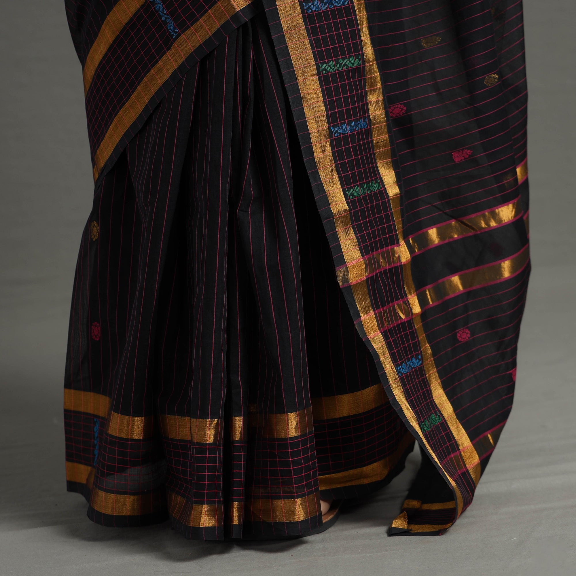 SOUTH KARGHA Black - Traditional Venkatagiri Handloom Cotton Stripe Saree with Thread & Zari Buti 35 - view 5