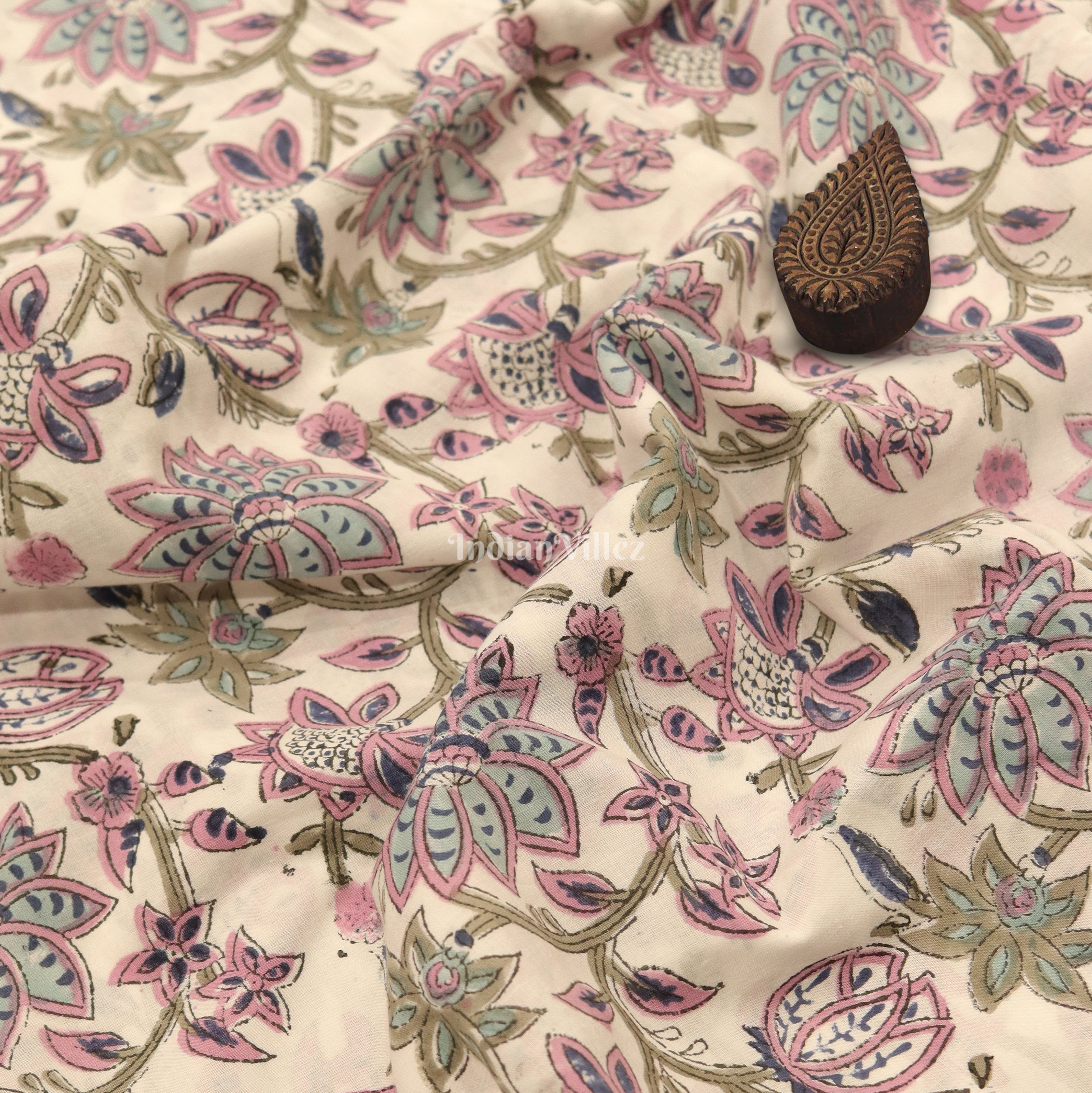 IndianVillèz White Pink Flower Motif Hand Block Printed Cotton Fabric