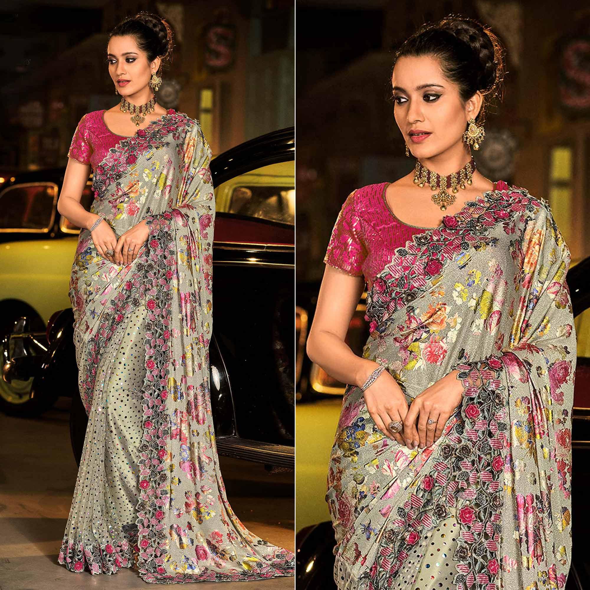 Peachmode Grey Partywear Embroidered Embellished Net Saree