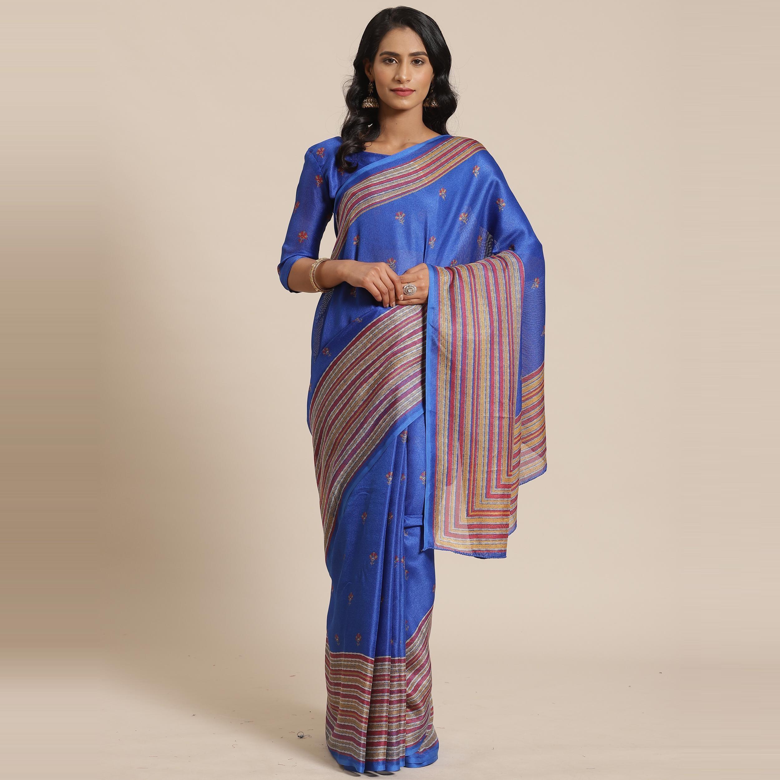 Peachmode Lovely Blue Colored Casual Wear Printed Jute Silk Saree