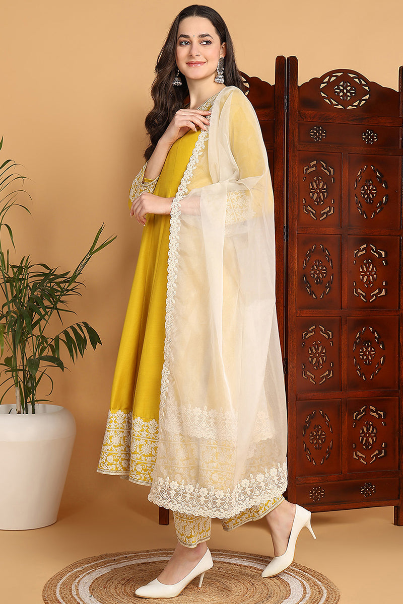 Ahika Yellow Silk Blend Solid Embroidered Flared Suit Set PKSKD2193 - view 4