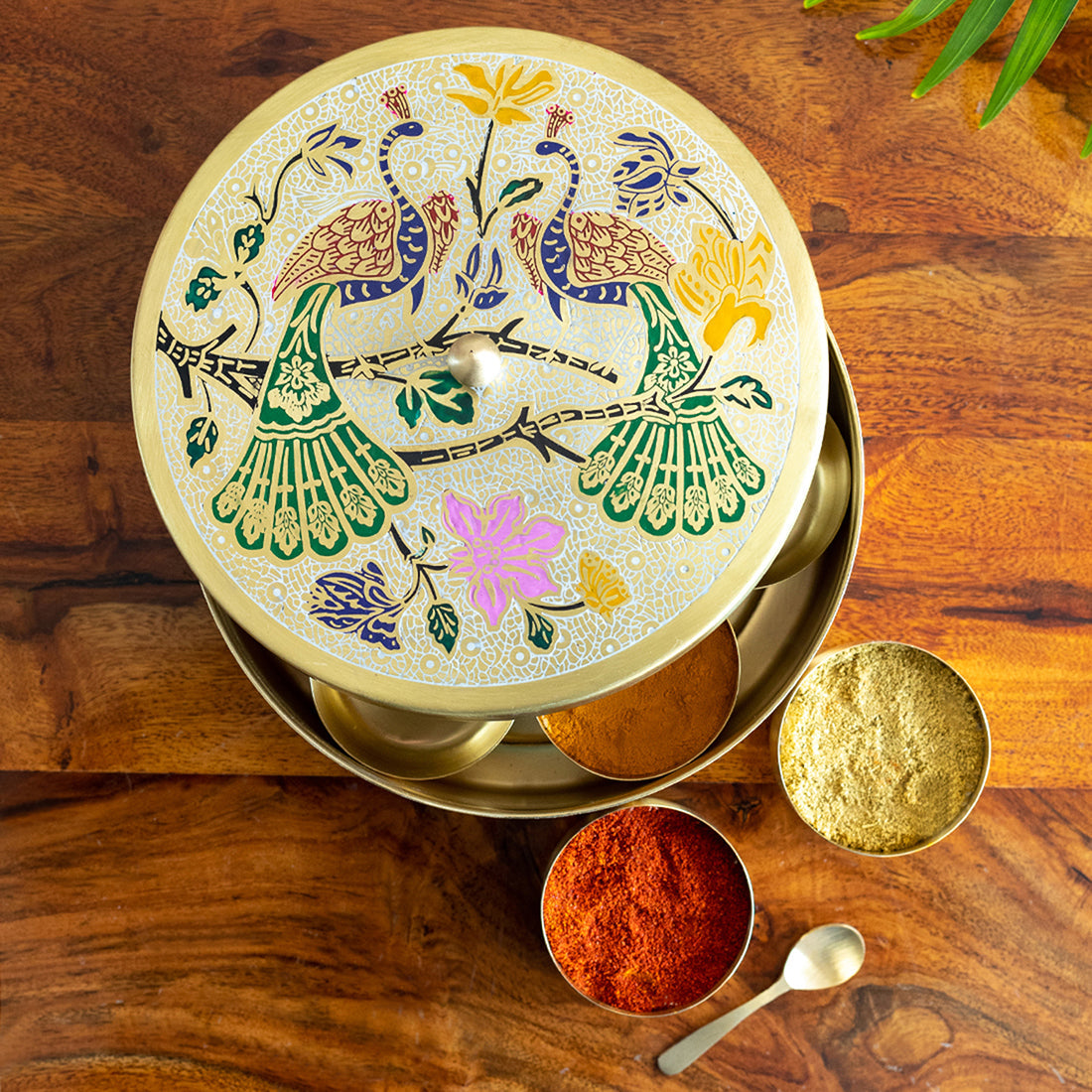 EXCLUSIVELANE 'Peacock Hand-Etched' Handpainted Spice Box With Spoon In Brass (7 Containers, 110 ml)