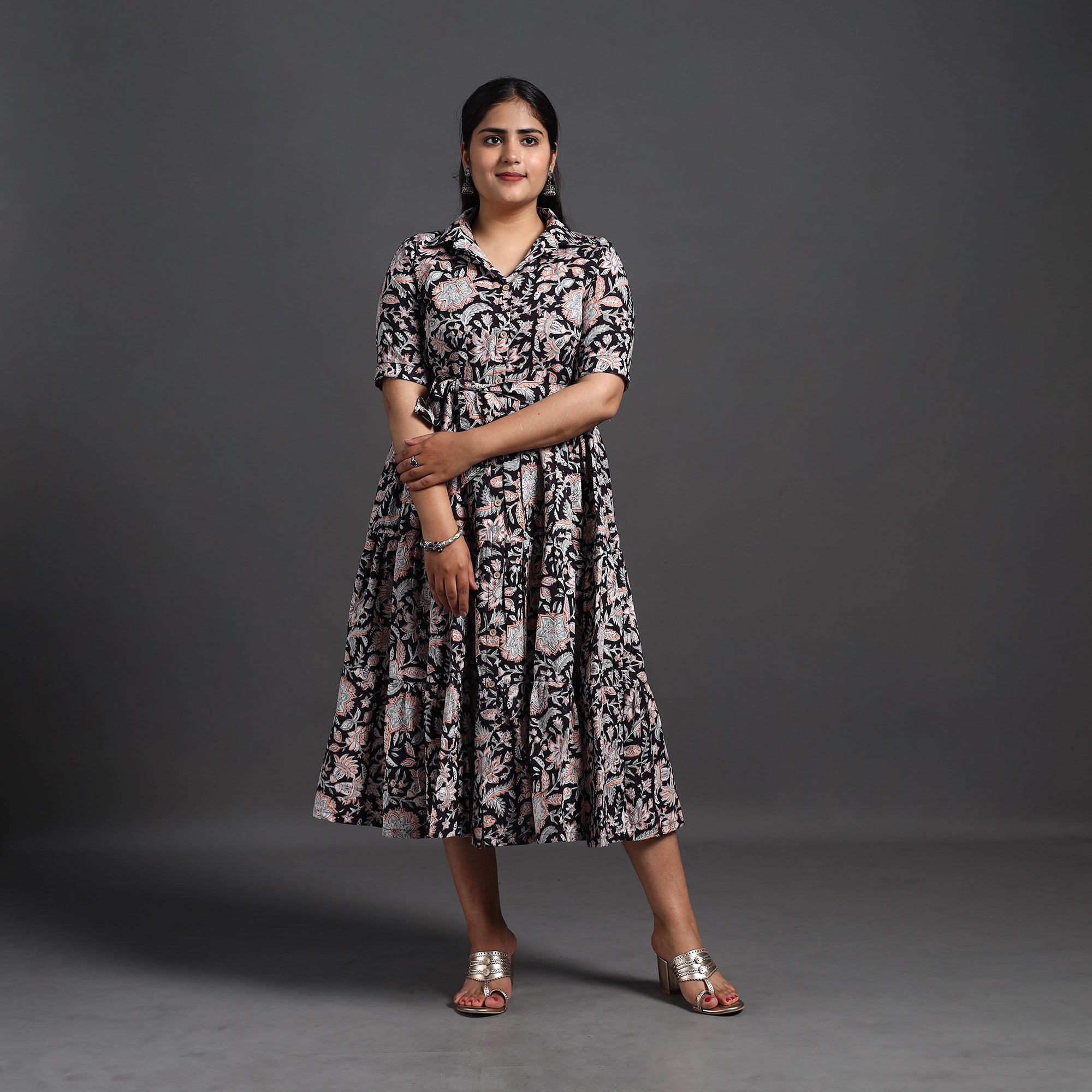 ITOKRI CASUALS Black - Tiered Cotton Block Print Sanganeri Dress 09