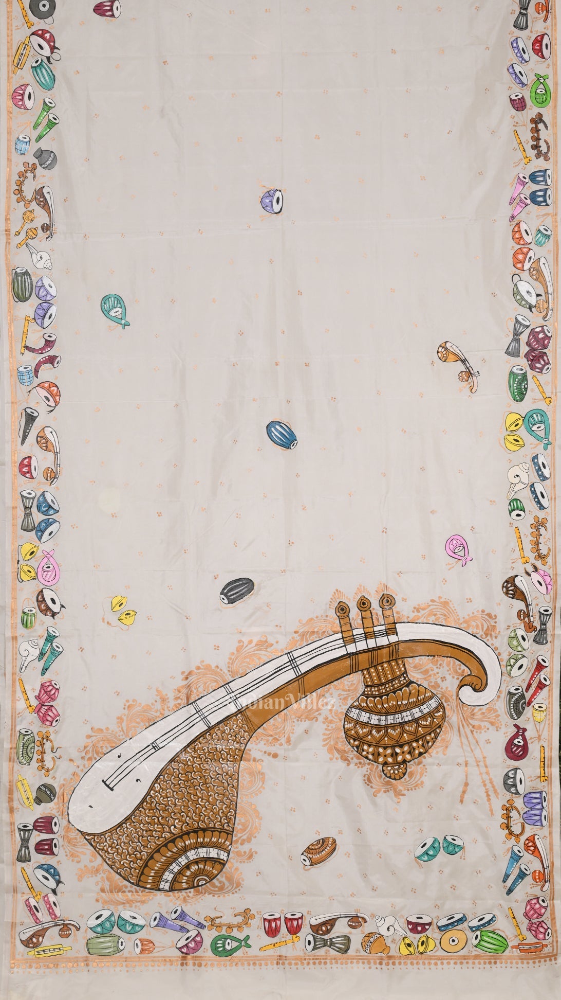 IndianVillèz White Sitar Instrument Pattachitra Art Pure Silk Saree