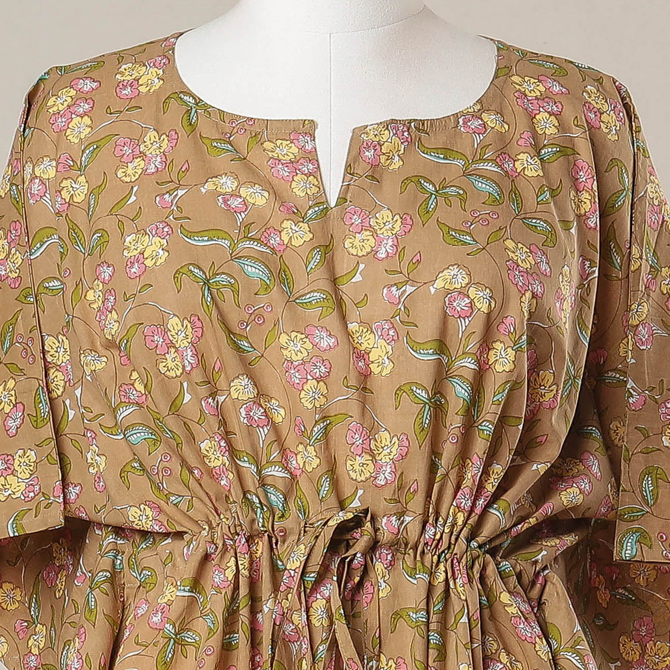 CHUTNEY CRAFT STUDIO Brown - Sanganeri Printed Cotton Kaftan with Tie-Up Waist (Long) - view 2