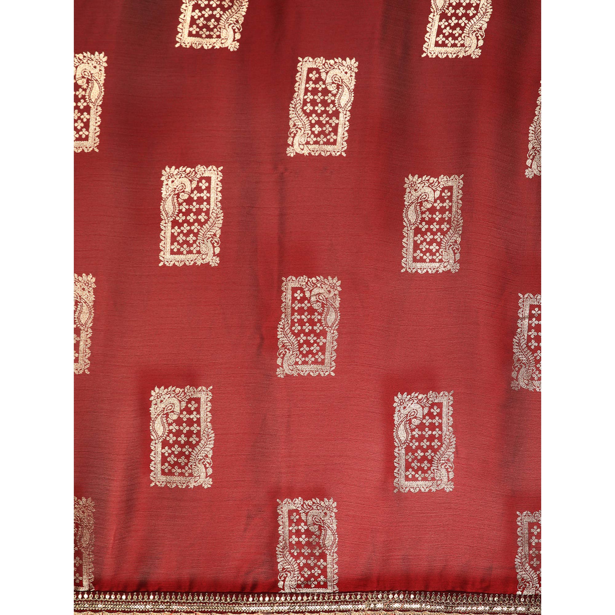 Peachmode Maroon Foil Printed With Embroidered Border Chiffon Saree - view 5