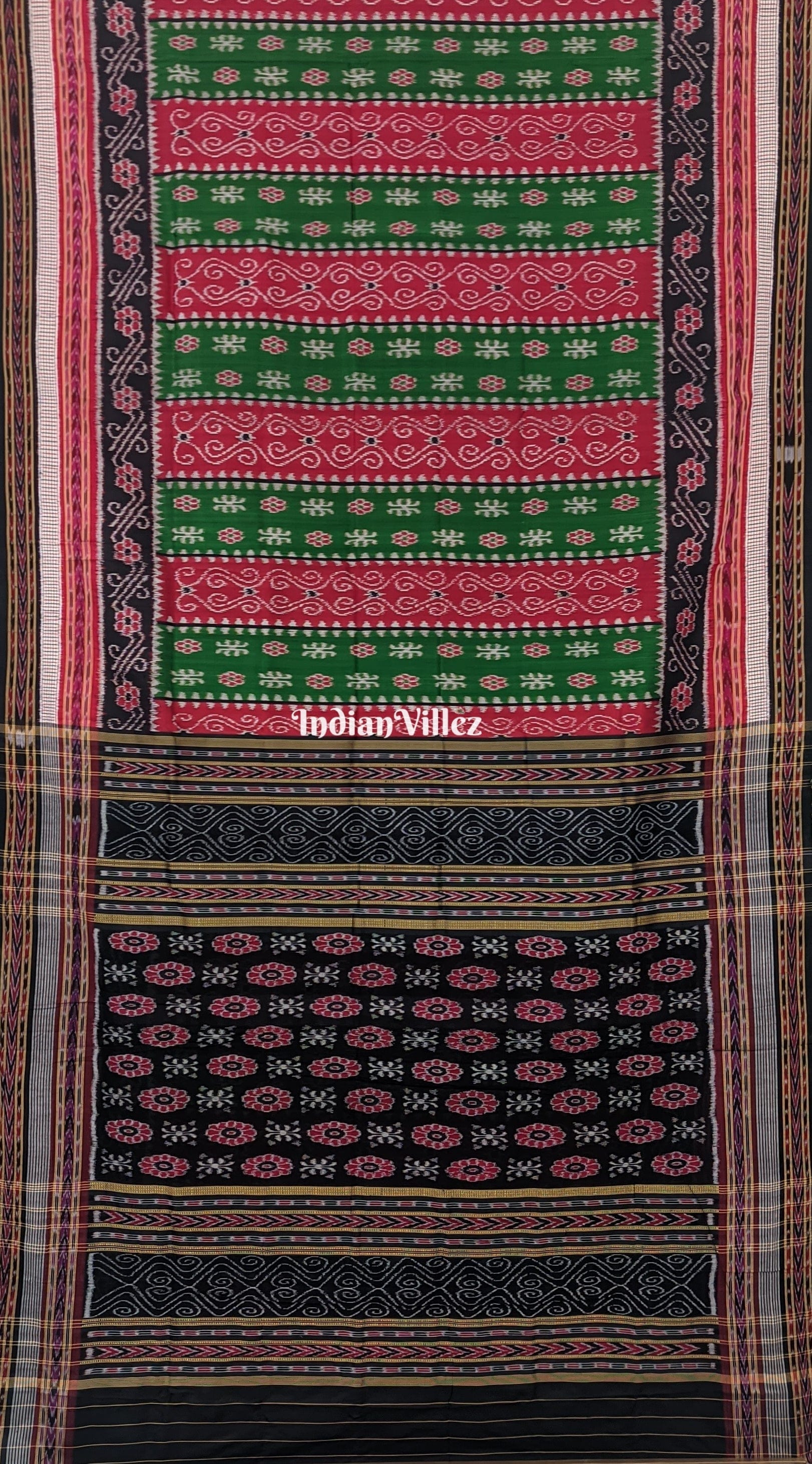 IndianVillèz Green Red Flower with Sachipar Border Khandua Silk Saree