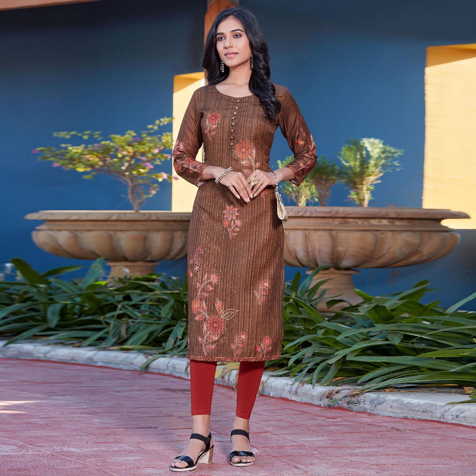 Peachmode Seller Brown Sequins Embroidered Cotton Silk Kurti - view 2