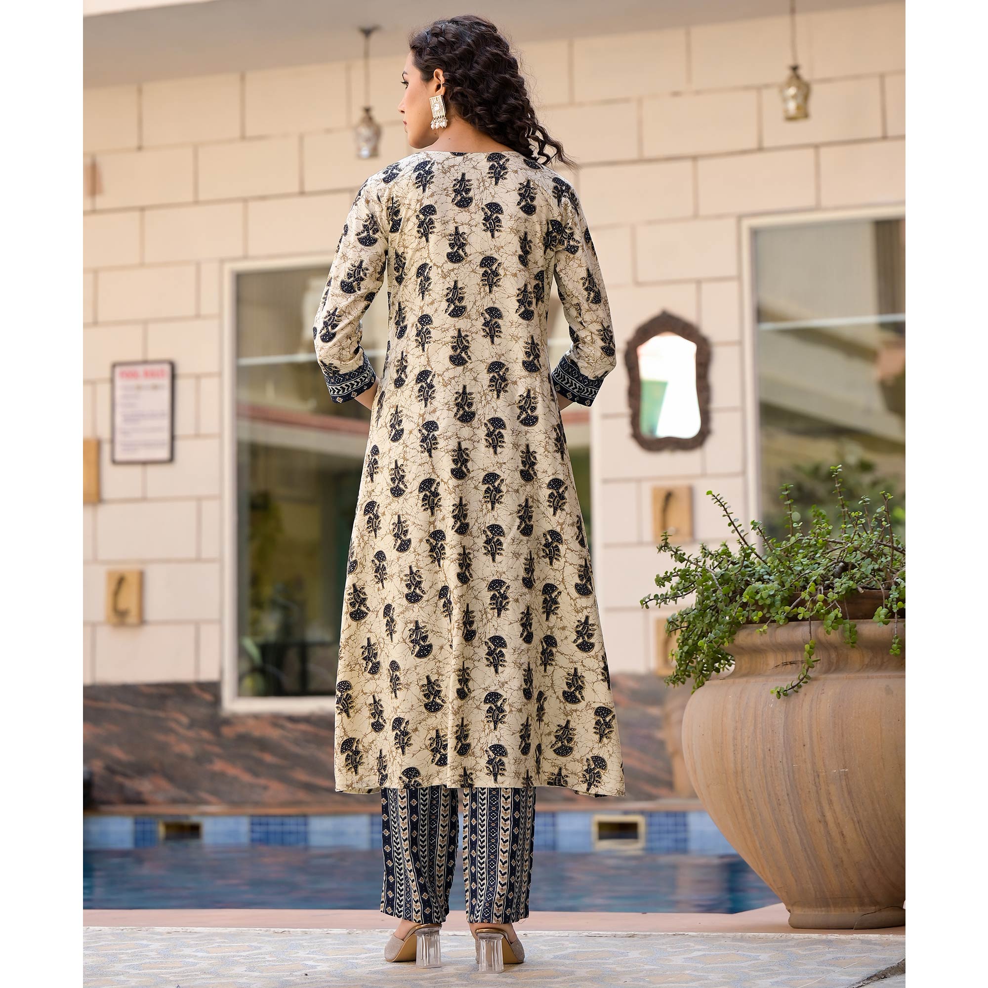 Peachmode Chikoo & Navy Blue Floral Foil Printed Rayon A-Line Salwar Suit - view 8