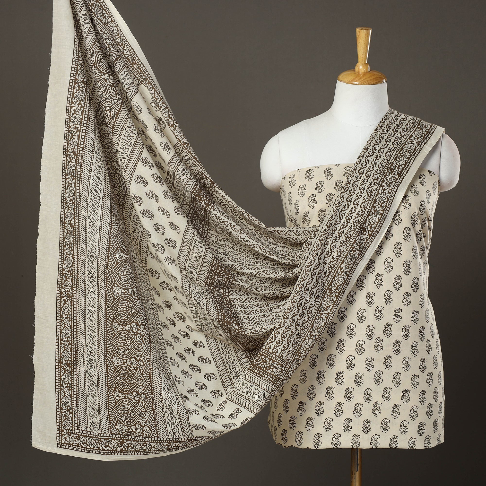 BAGH PRINTS BY MOHAMMED BILAL KHATRI Beige - 3pc Cotton Bagh Print Suit Material Set 20