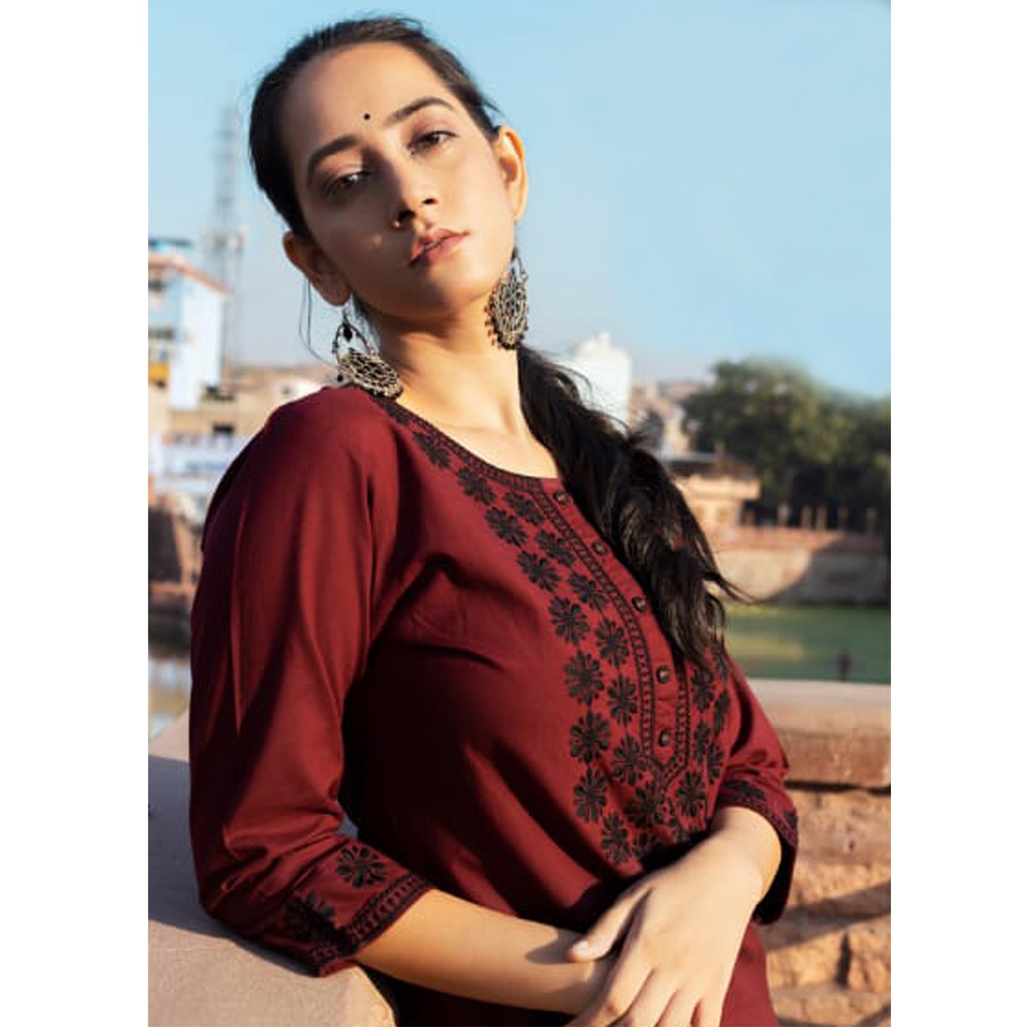 Peachmode Seller Maroon Embroidered Cotton Silk Kurti - view 3