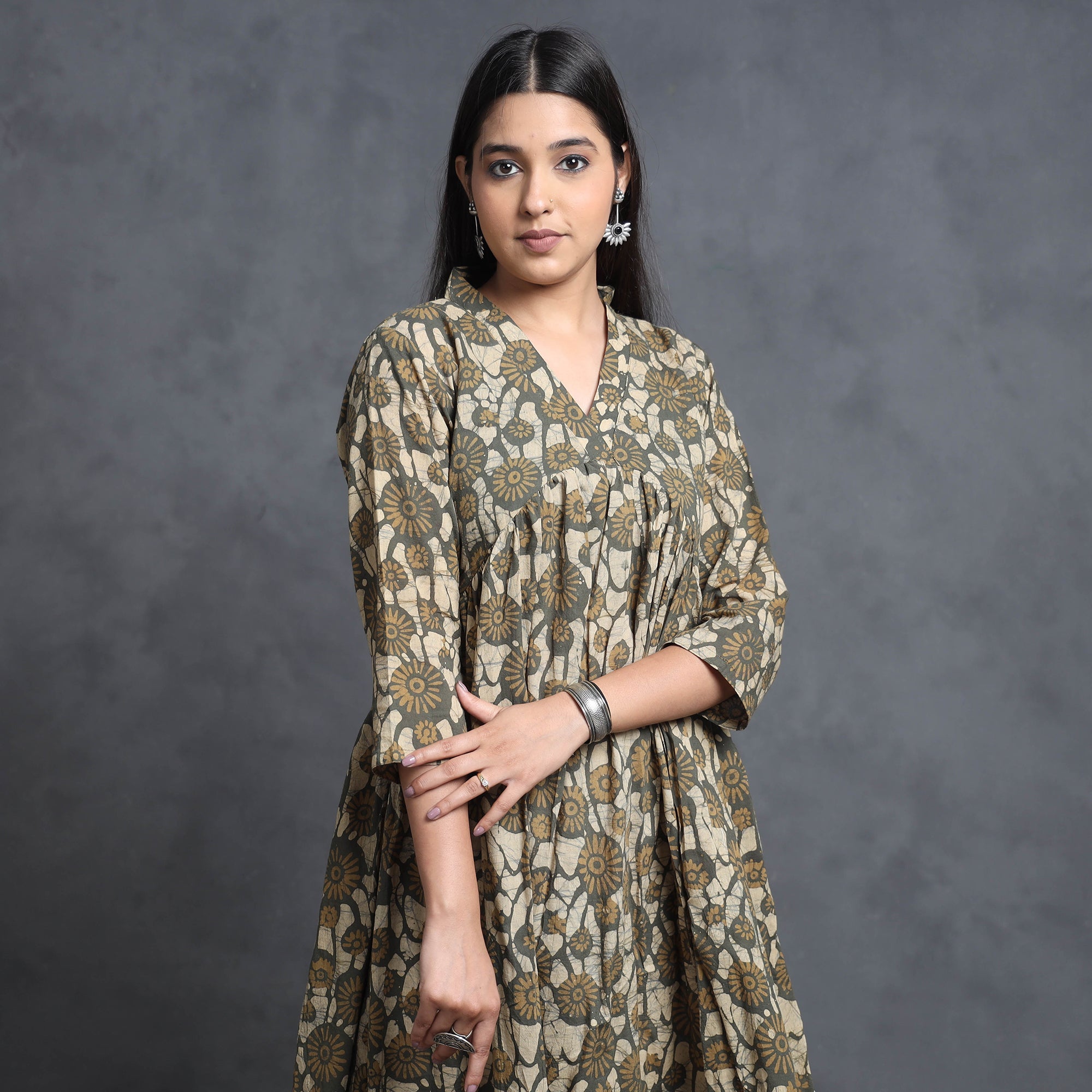 ITOKRI CASUALS Brown - Hand Batik Printed Cotton Flared Gher Dress