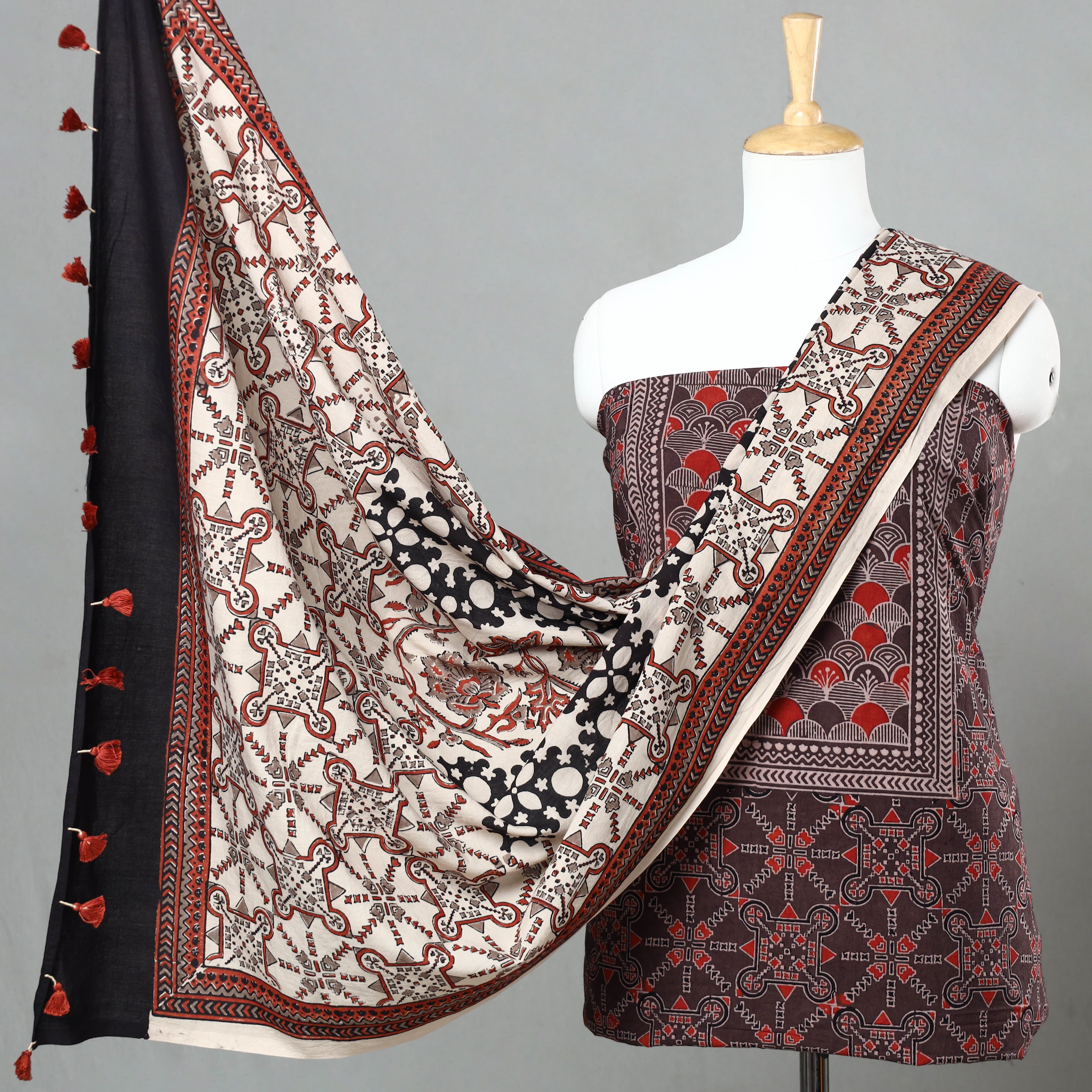 AJRAKH BY JABBAR KHATRI Brown - 3pc Ajrakh Block Printed Natural Dyed Cotton Suit Material Set 09