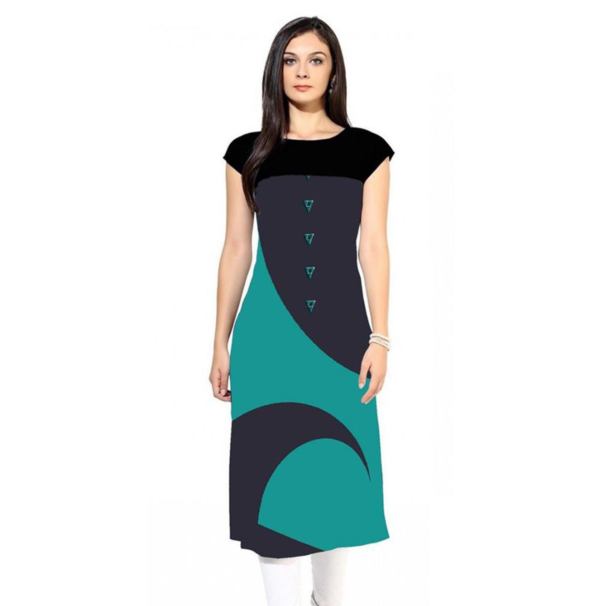 Peachmode Seller Delightful Navy Blue-Turquoise Green Colored Casual Digital Printed Rayon Kurti