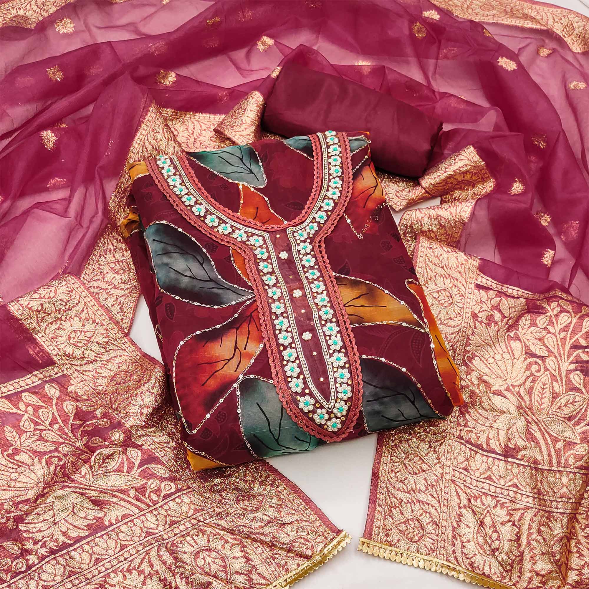 Peachmode Maroon Floral Printed With Hand Embroidered Organza Dress Material