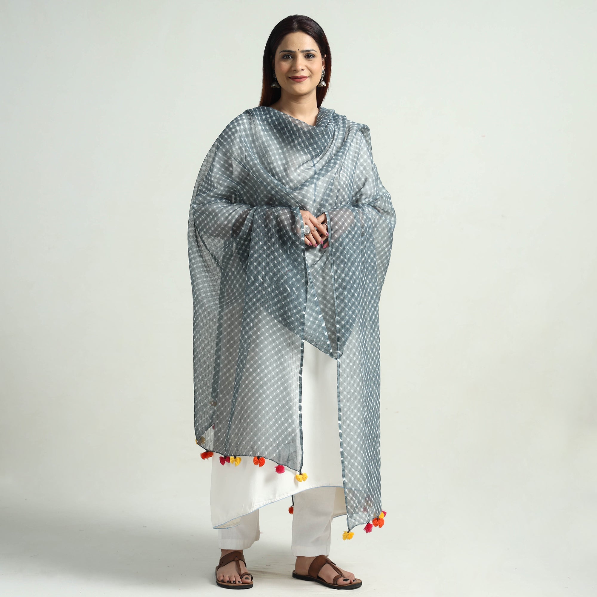 LEHARIYA BY BADSHAH MIYAN Grey - Leheriya Tie-Dye Mothra Kota Doria Cotton Dupatta with Tassels 28 - view 2