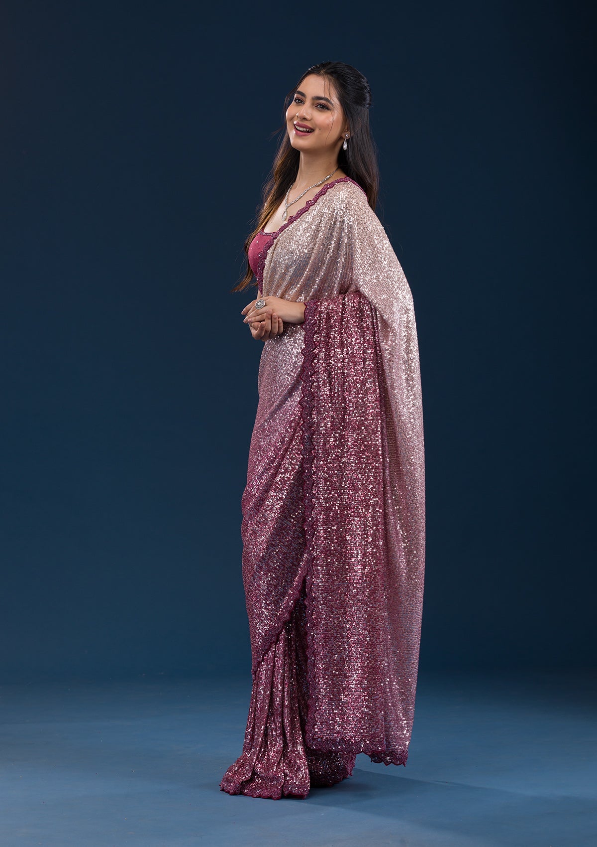 Koskii Maroon Sequins Georgette Saree – Women's - view 3