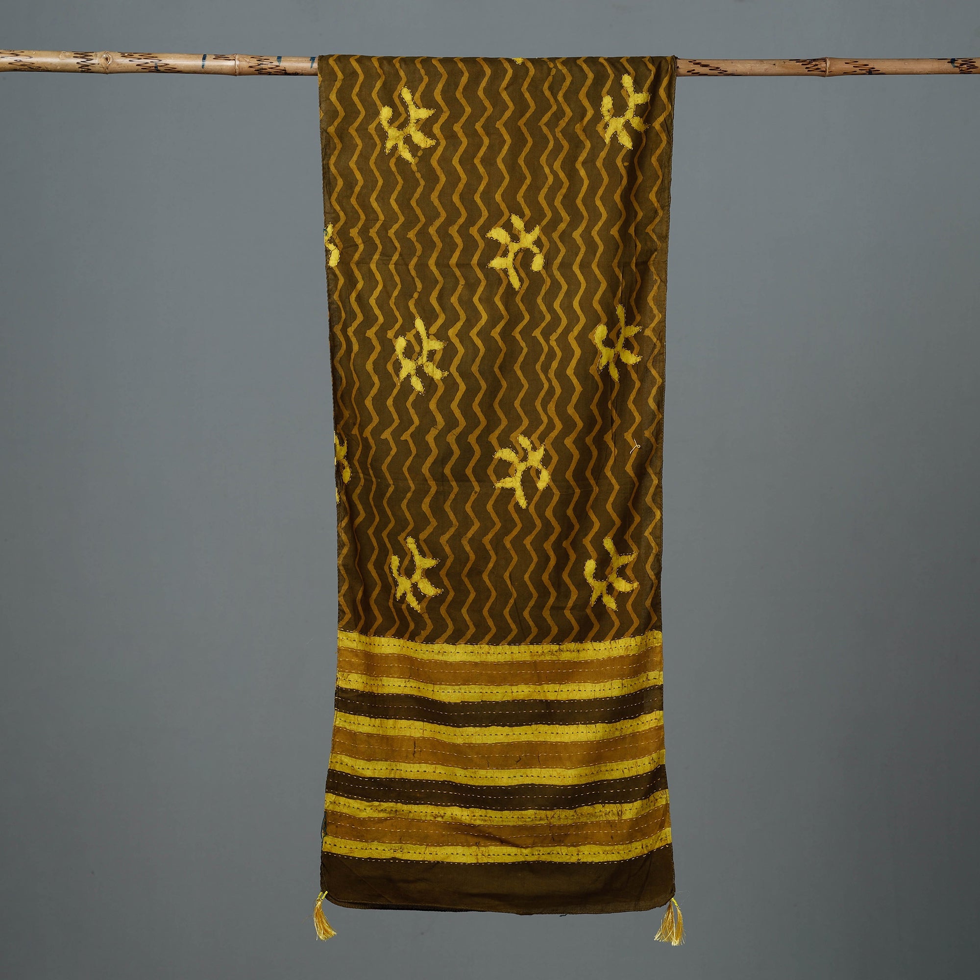 ARTISAN HAND BLOCK PRINTS Brown - Bagru Block Printed Tagai Work Cotton Stole with Tassels - view 3