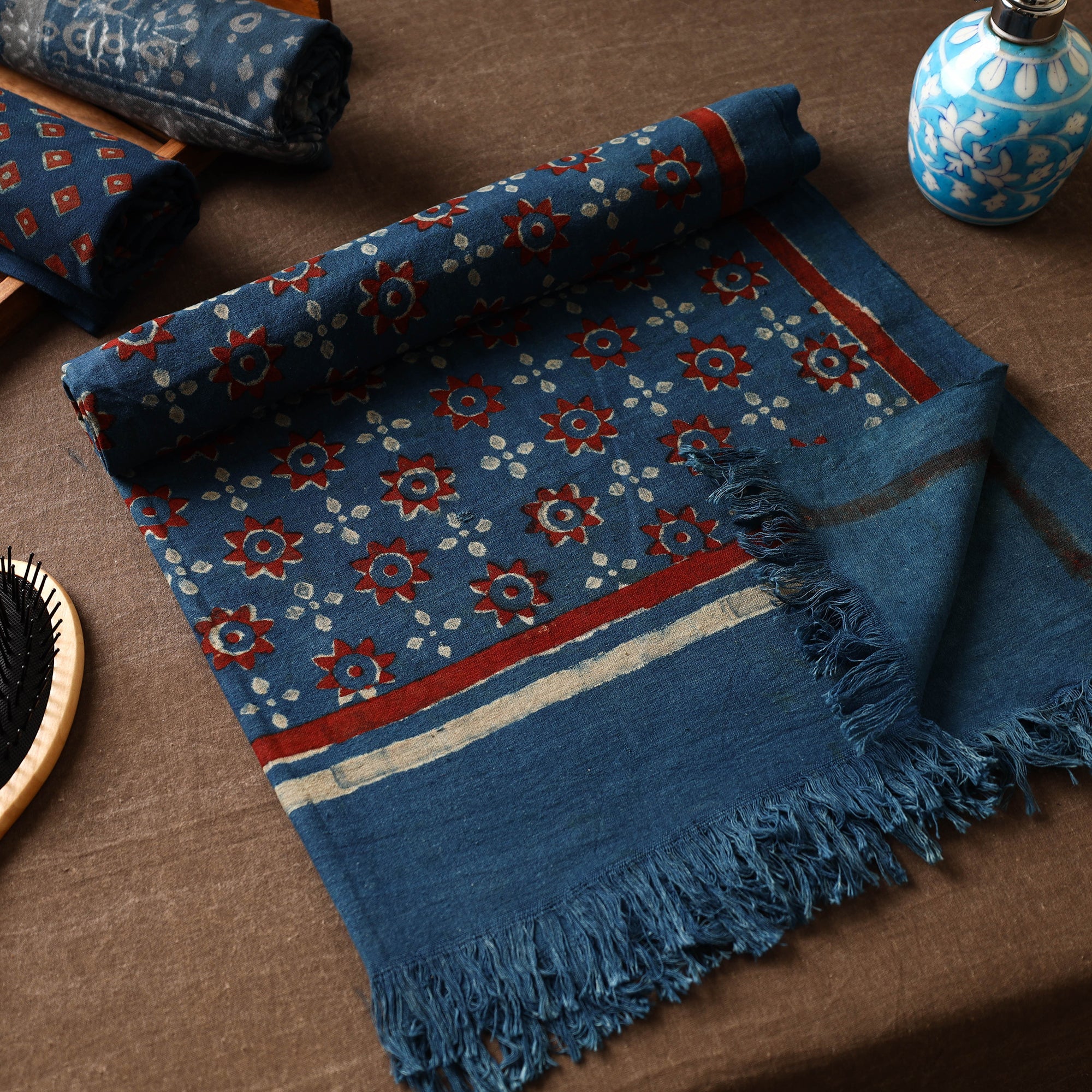 ITOKRI CRAFTS INITIATIVE Blue - Akola Block Printed Pure Handloom Cotton Towel