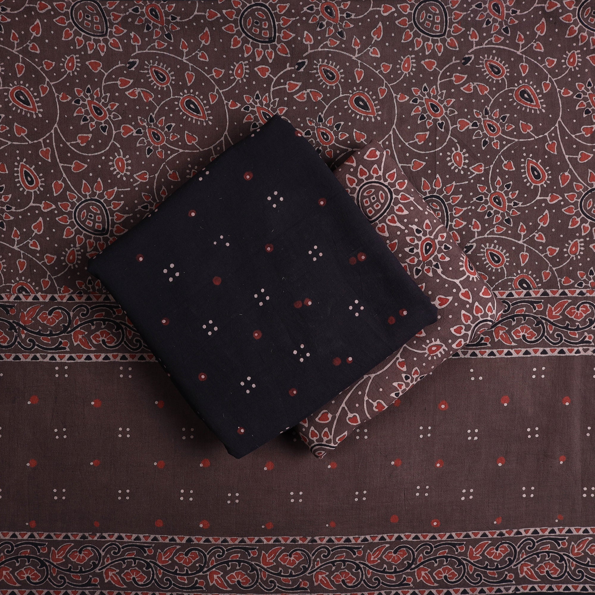 AJRAKH BY JABBAR KHATRI Black - Kutch Block Print Cotton 3pc Ajrakh Dress Material 05 - view 2