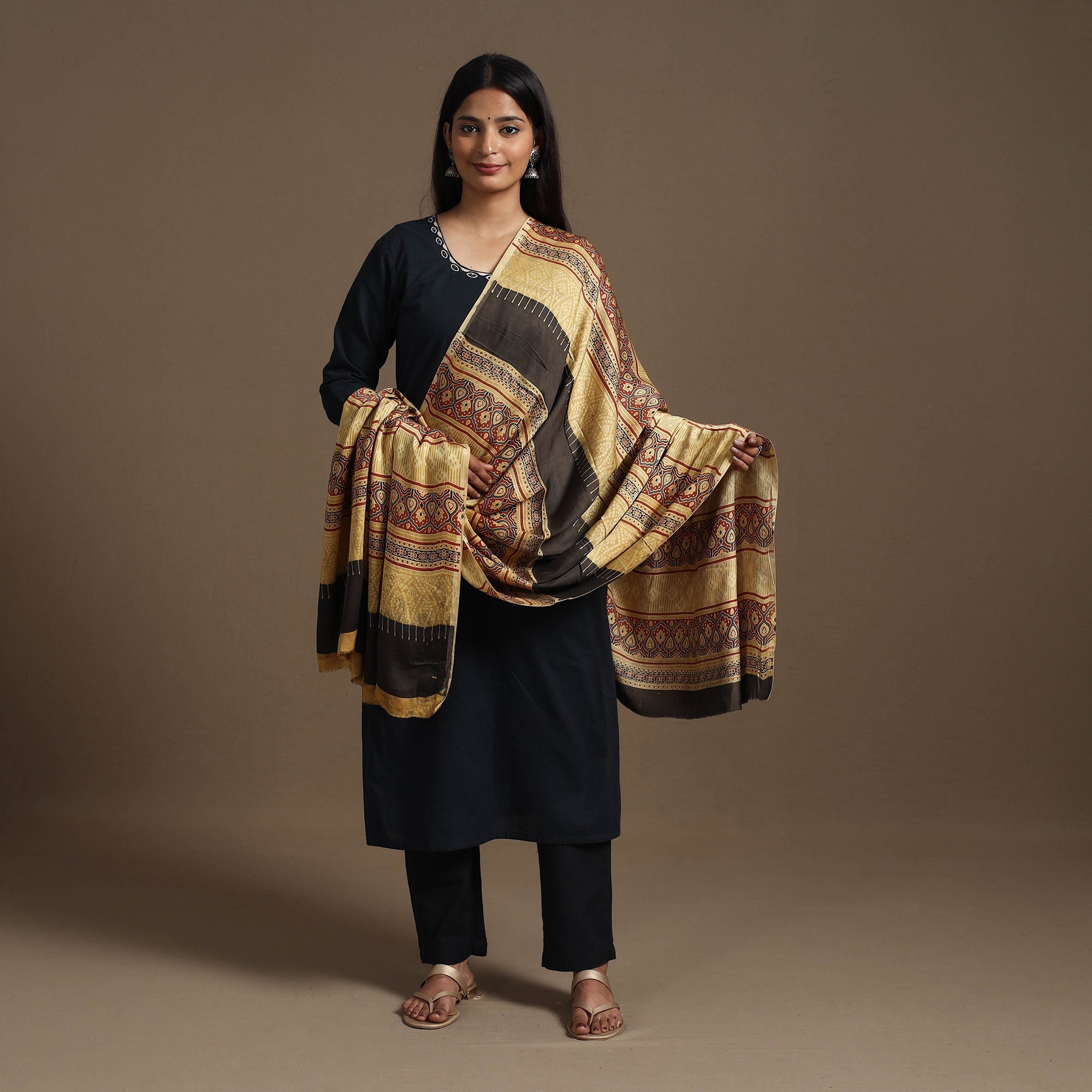 KACHCHH JI CHHAAP Beige - Hand Block Printed Modal Silk Ajrakh Dupatta 11