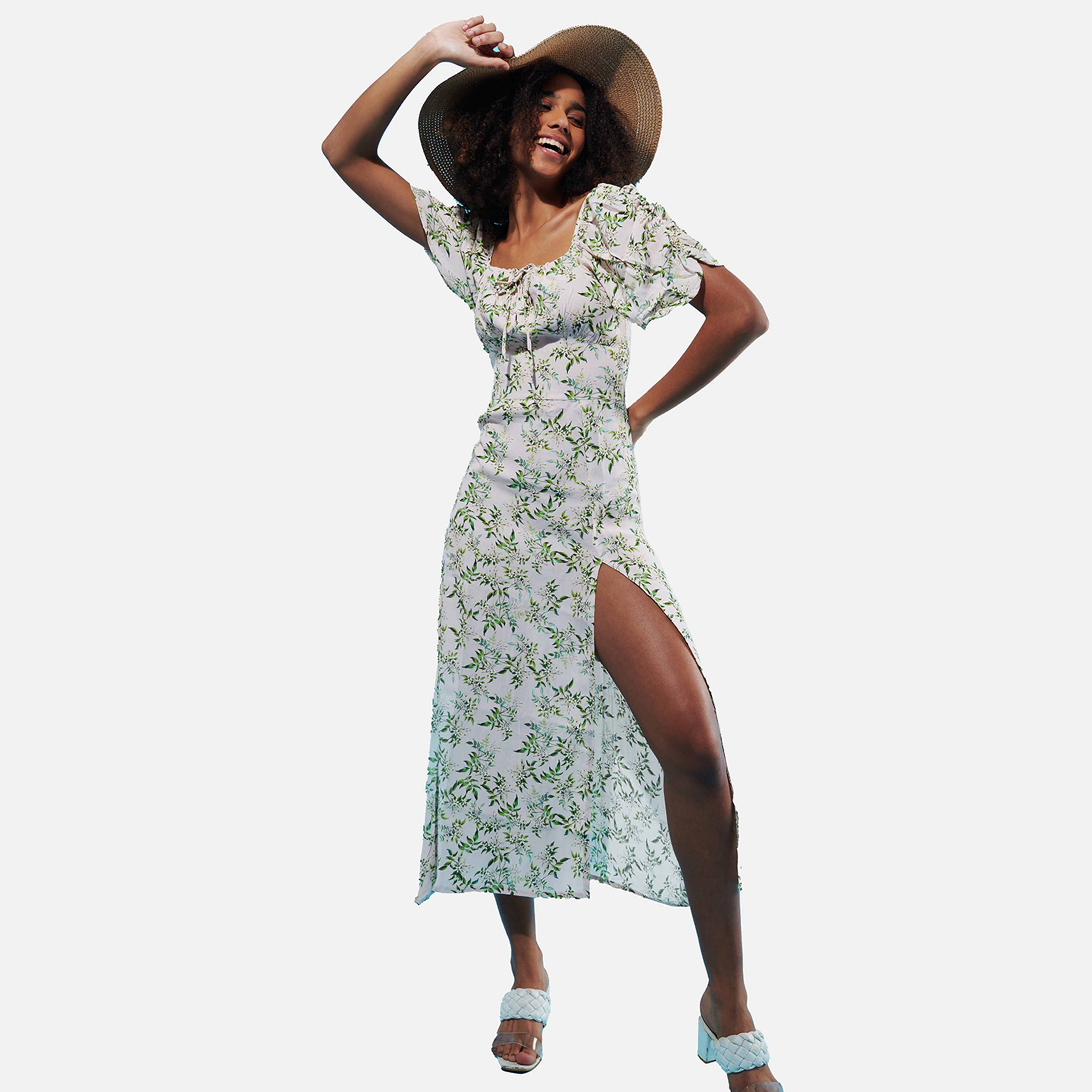 Cottage Core Green High Side Slit Midi Summer Dress - view 4
