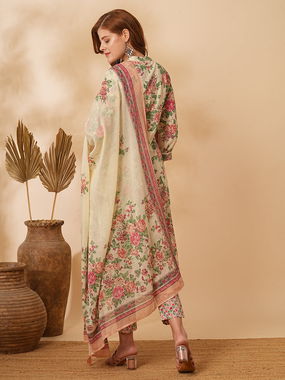Fashor Floral Printed & Embroidered A-Line Kurta with Pant & Dupatta - Cream - view 6