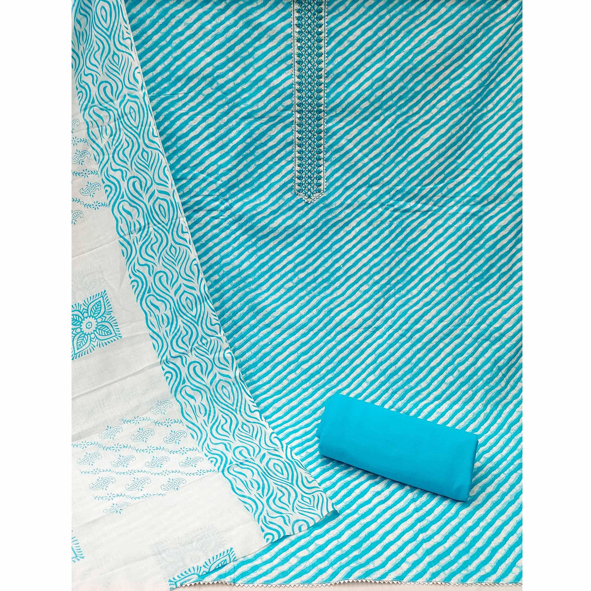 Peachmode Blue Stripe Printed With Embroidered Cotton Blend Dress Material - view 3