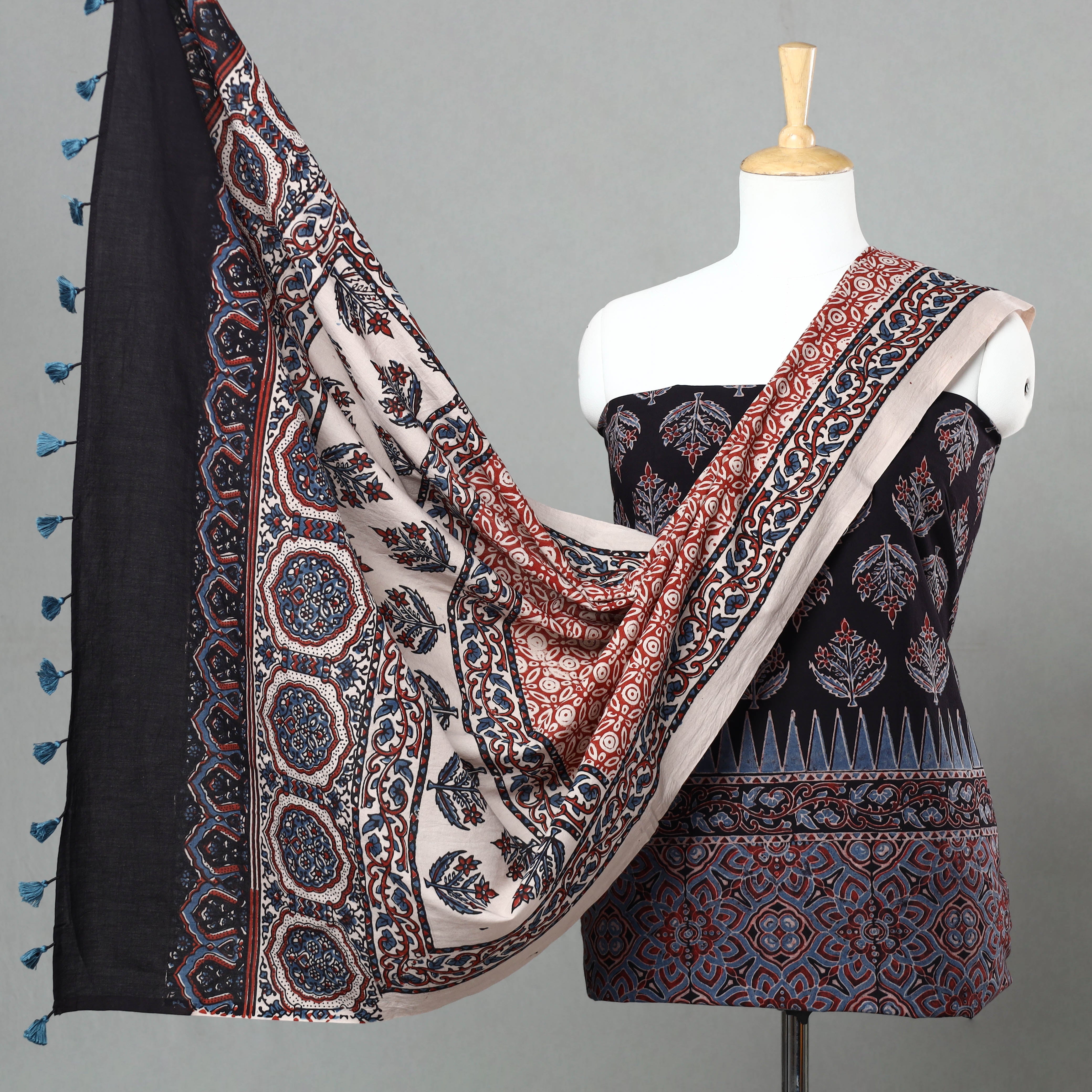 AJRAKH BY JABBAR KHATRI Black - 3pc Ajrakh Block Printed Natural Dyed Cotton Suit Material Set 15