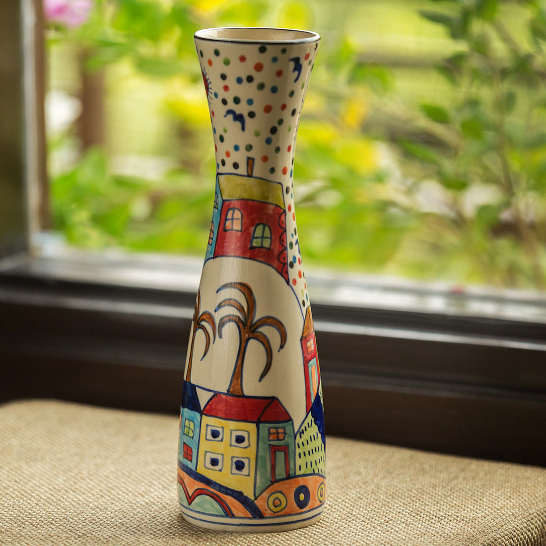 EXCLUSIVELANE 'The Hut Long-Neck' Handpainted Ceramic Vase (12 Inch)