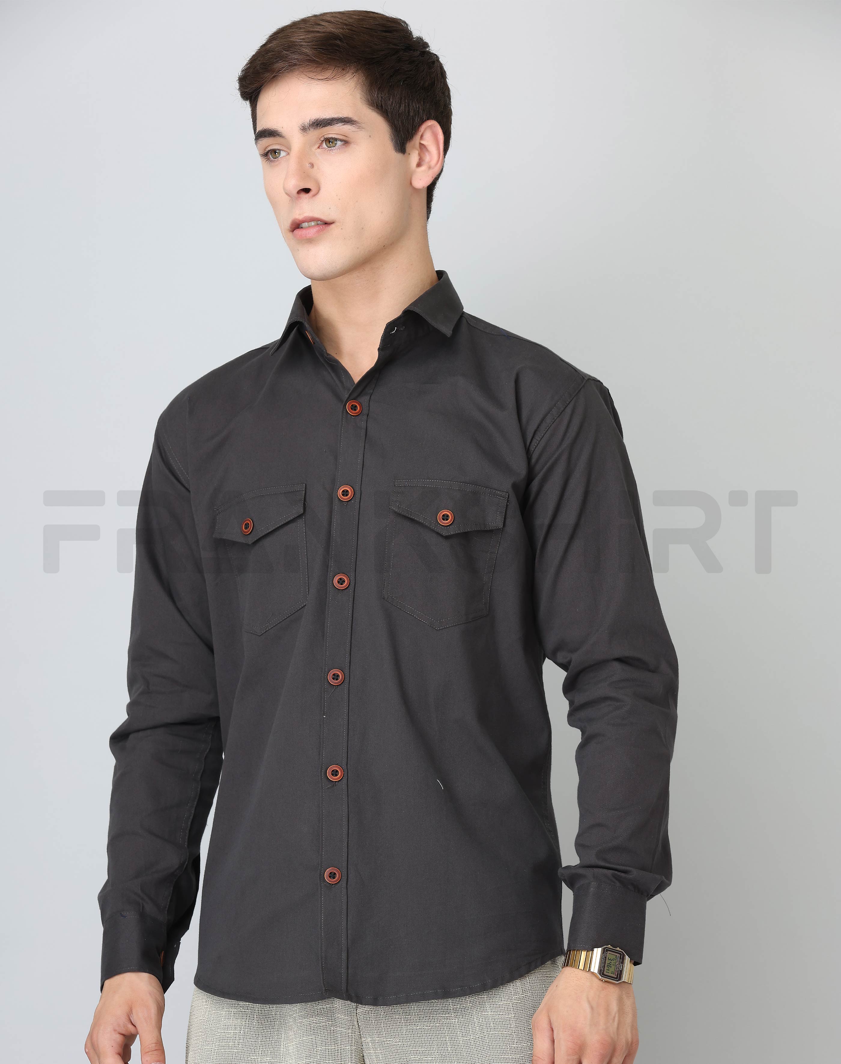 BlackTree Frankshirt Double Pocket Dark Grey Solid Tailored Fit Cotton Casual Shirt for Man - view 6