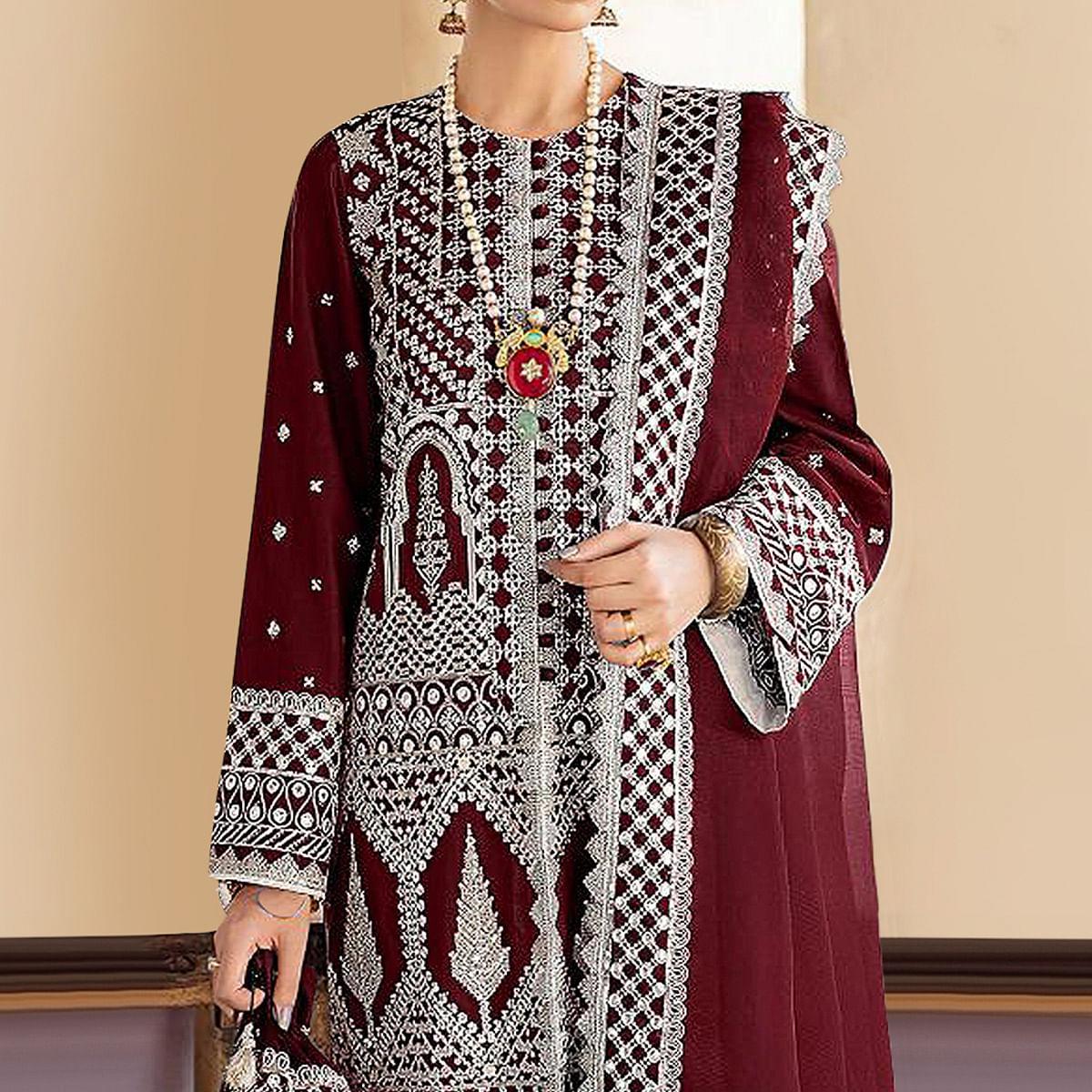 Peachmode Maroon Embroidered Georgette Partywear Pakistani Suit - view 3