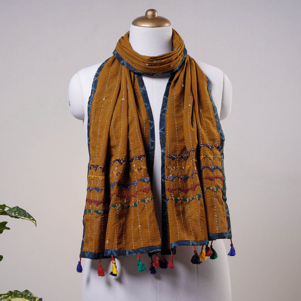 KACHCHH JI CHHAAP Brown - Kutch Tagai Work Ajrakh Border Cotton Stole with Tassels