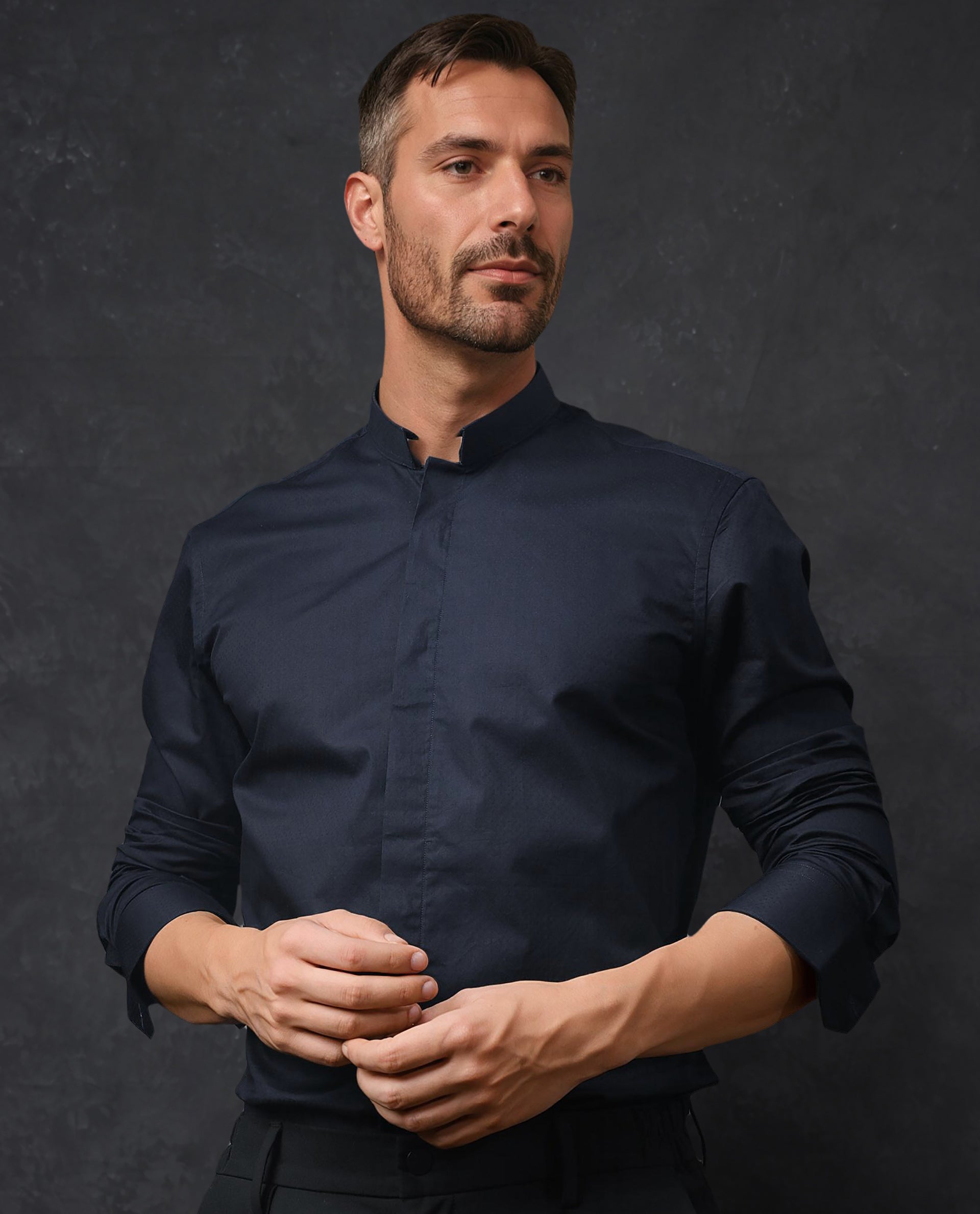 Rare Rabbit Men's Radon Navy Cotton Fabric Mandarin Collar Full Sleeves Solid Shirt - view 5
