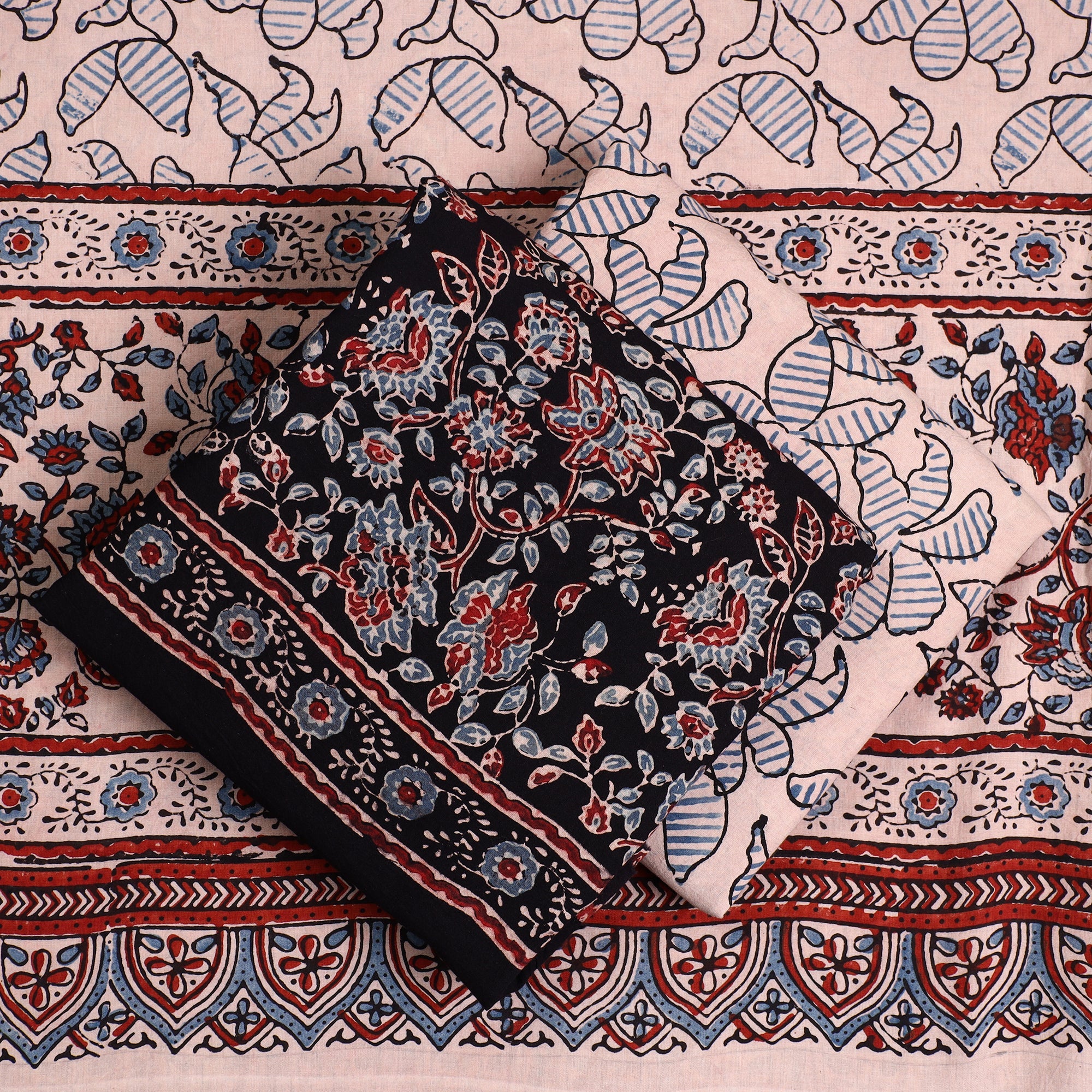 AJRAKH BY JABBAR KHATRI Black - 3pc Ajrakh Block Printed Natural Dyed Cotton Suit Material Set 08 - view 2