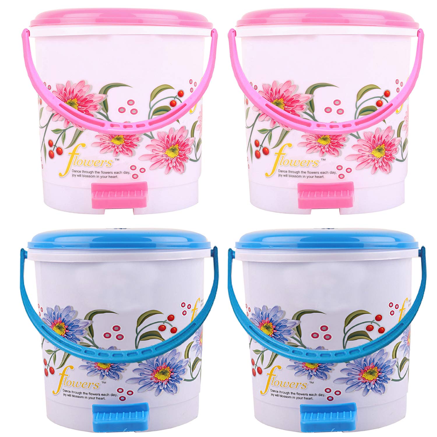 Kuber Industries Floral 4 Piece Plastic Dustbin Set, 10 litres, Blue and Pink