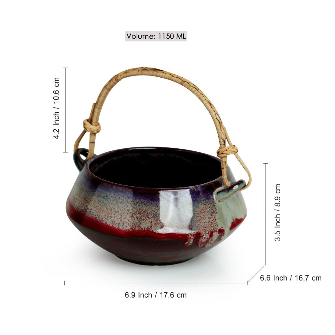 EXCLUSIVELANE 'Sorcery Pot' Hand Glazed Studio Pottery Ceramic Serving Handi With Cane Handle - view 4