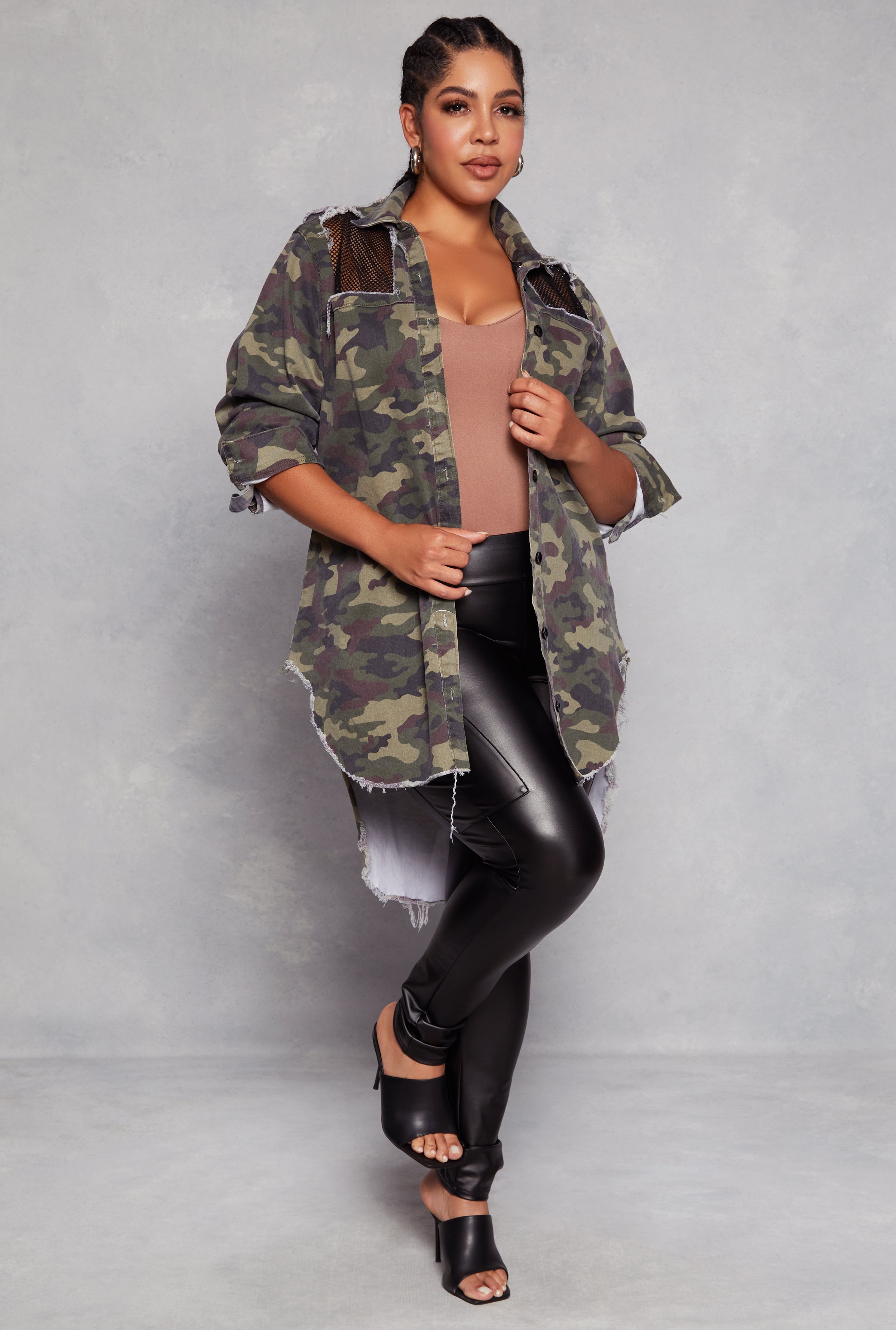 Rainbow Shops Plus Size Camo Fishnet Detail Button Front Shirt